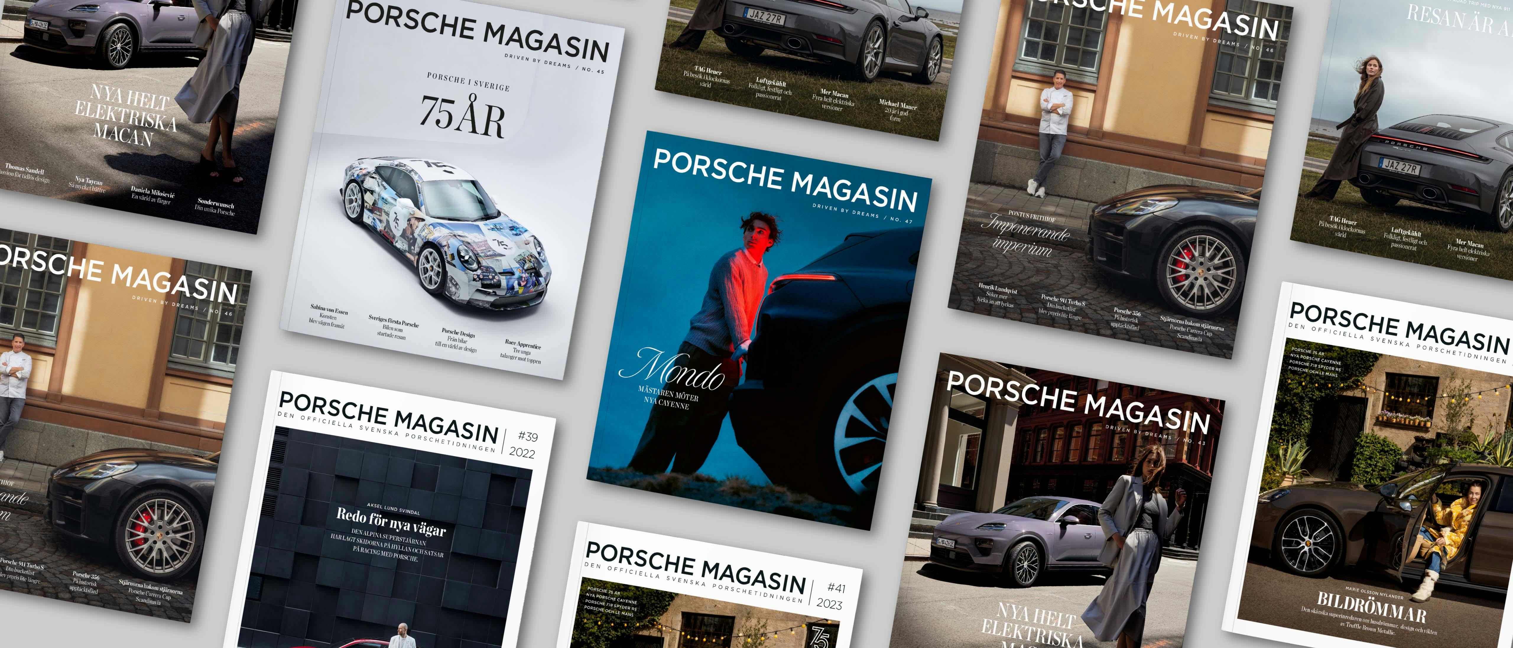 En bild på fler Porsche Magasin-omslag samlade i ett kollage.