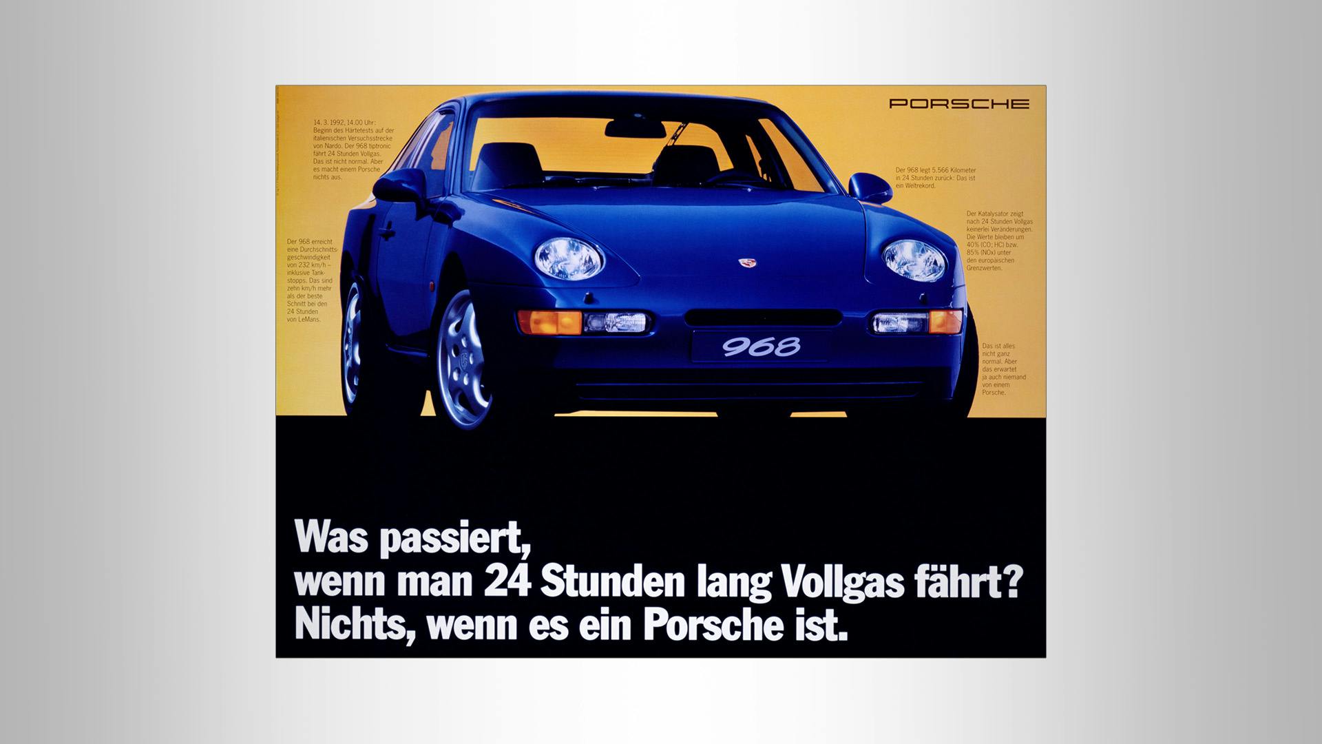 Porsche Advertising poster with a black Porsche 968 on yellow-black background and teh slogan: Was passiert, wenn man 24 Stunden lang Vollgas fährt? Nichts, wenn es ein Porsche ist.