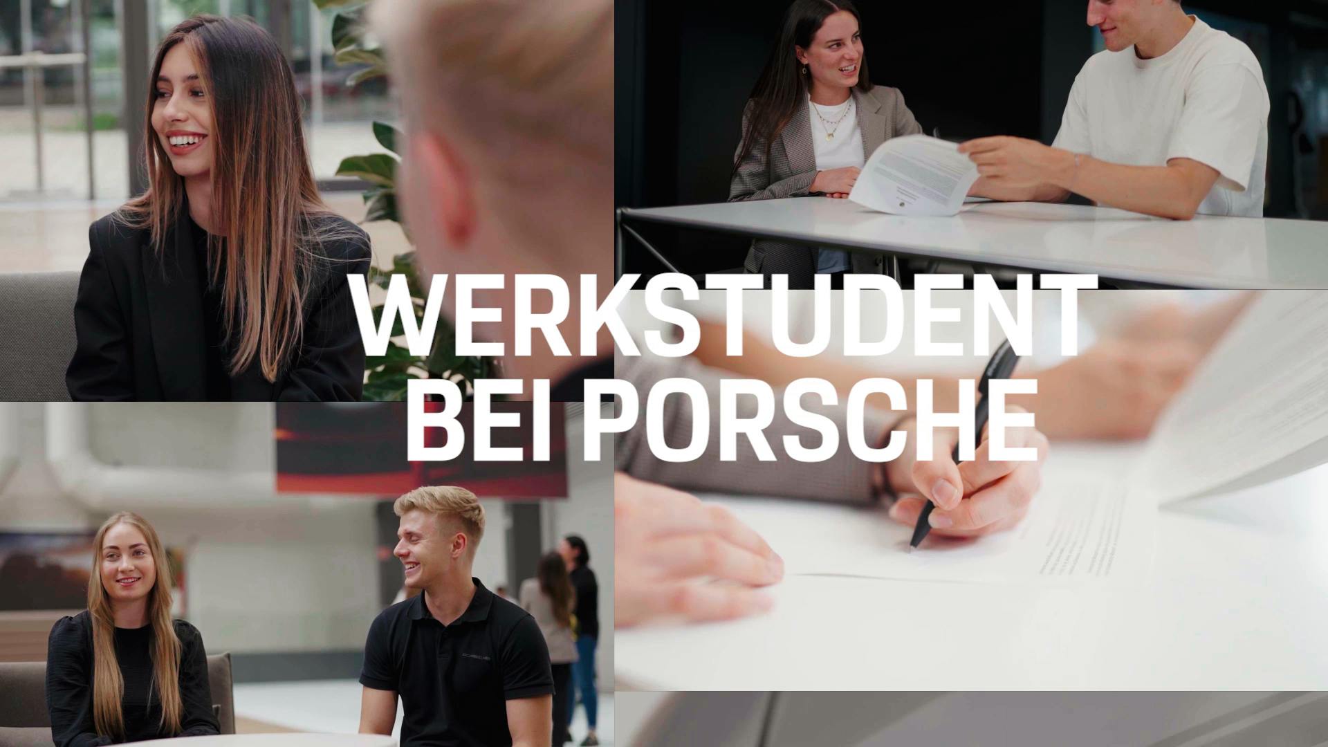 Ein Zusammenschnitt mehrerer Bilder, auf denen Studierende zu sehen. Das Bild wird überblendet von dem Schriftzug Werkstudent bei Porsche