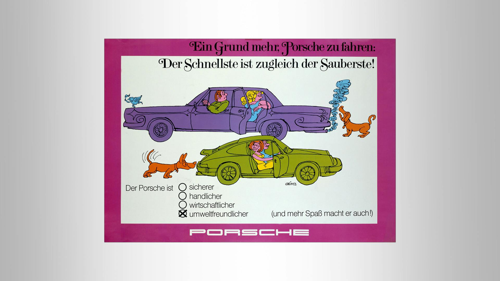 Vintage Porsche advertising poster in drawing style with the writing: Der Schnellste ist zugleich der Sauberste.