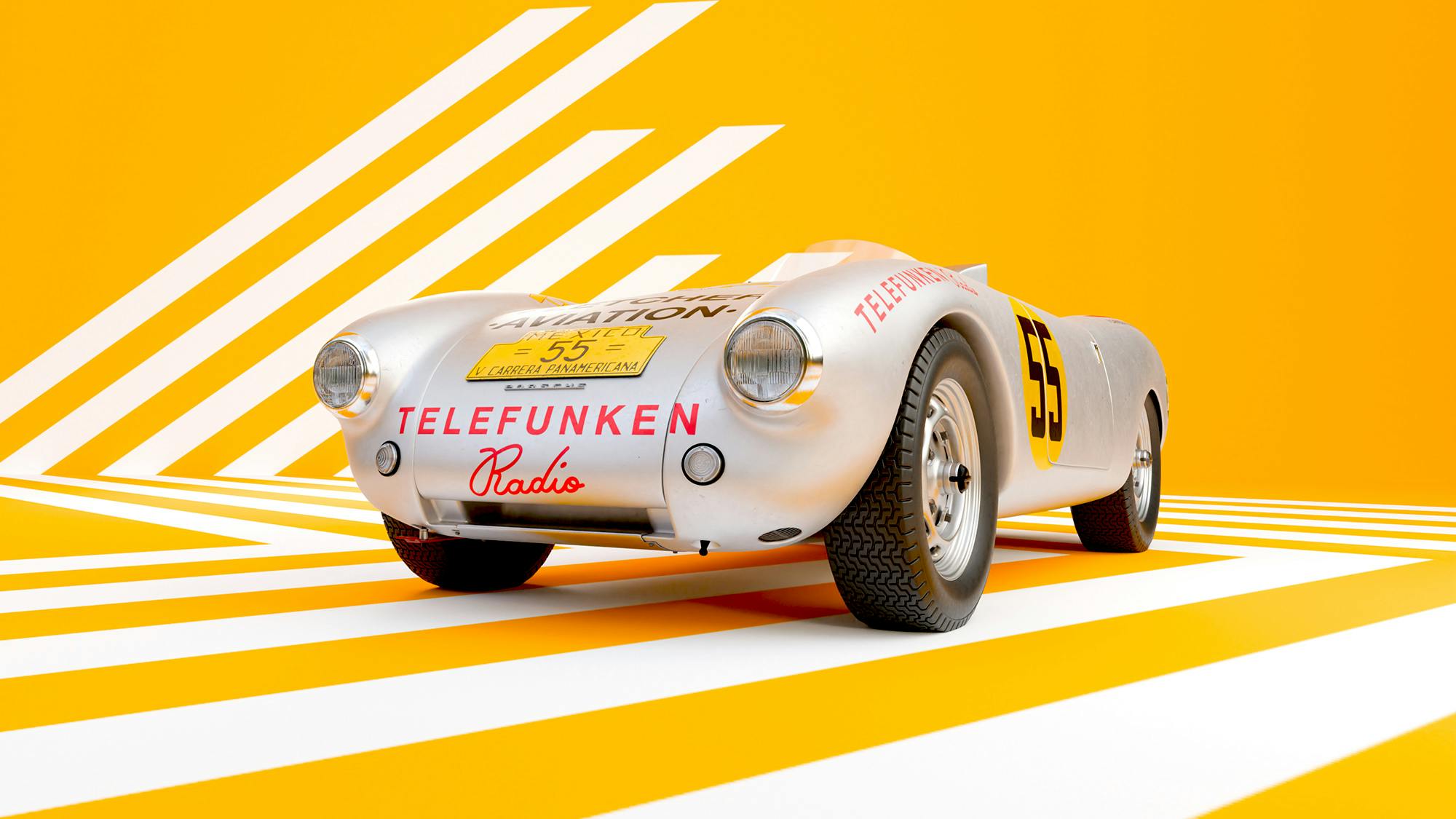 El Porsche 550 Spyder con su inconfundible silueta y característicos colores.