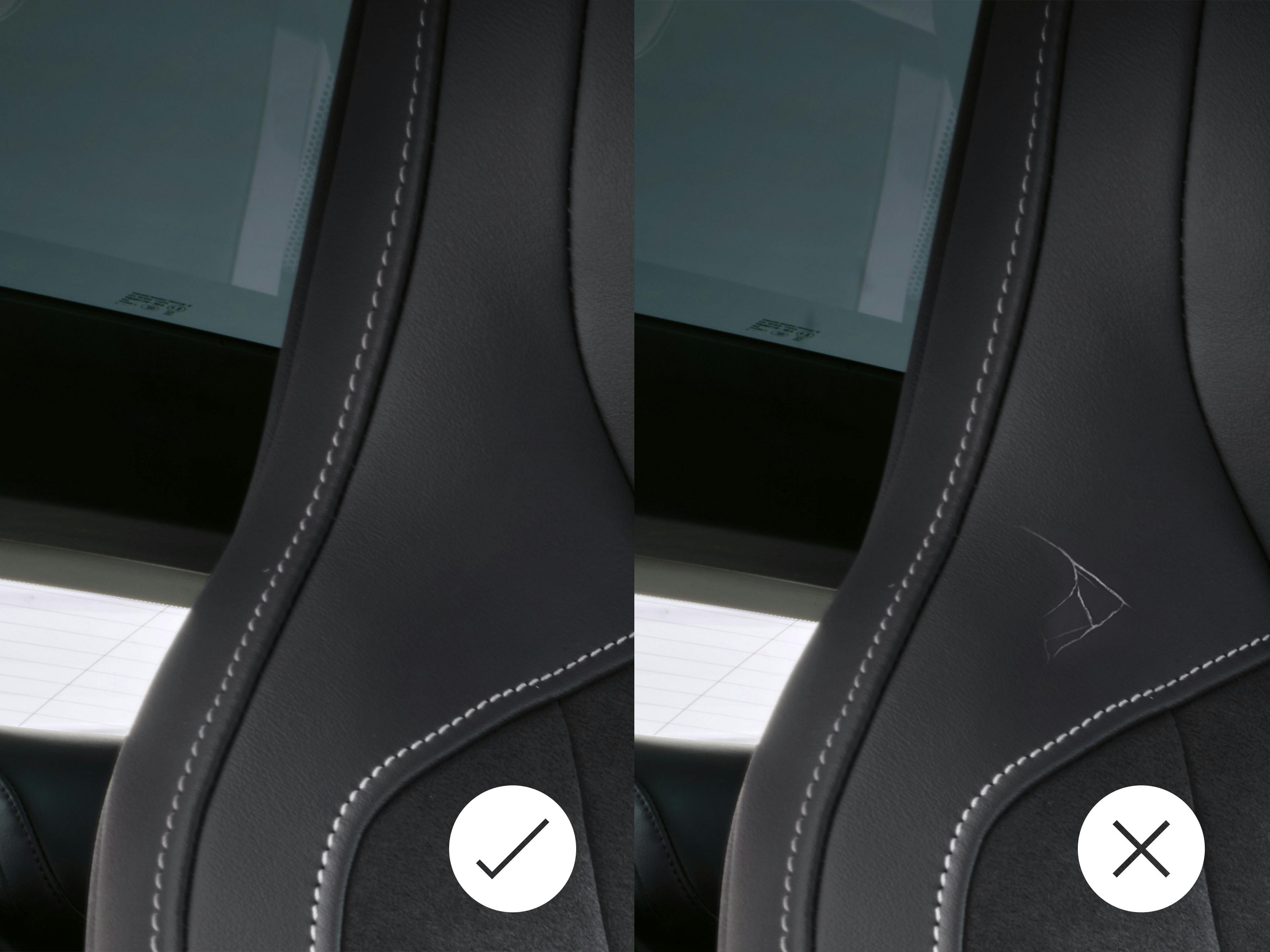 Image comparative montrant une usure acceptable et une usure non acceptable sur un siège de véhicule.