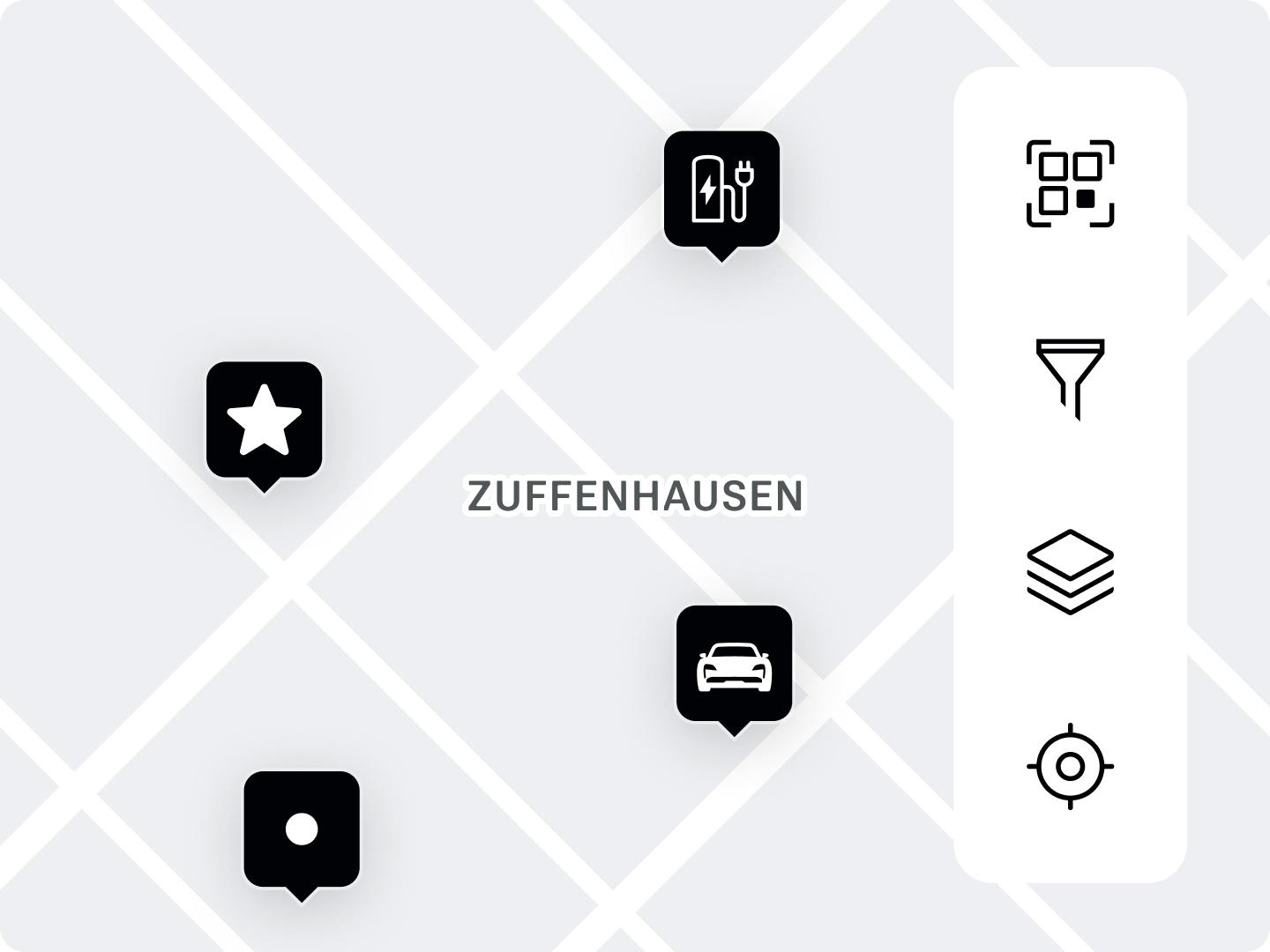 Vista de la aplicación que muestra un mapa con la ubicación de Zuffenhausen e iconos para favoritos, taller, vehículo y opciones de filtro en el lateral.