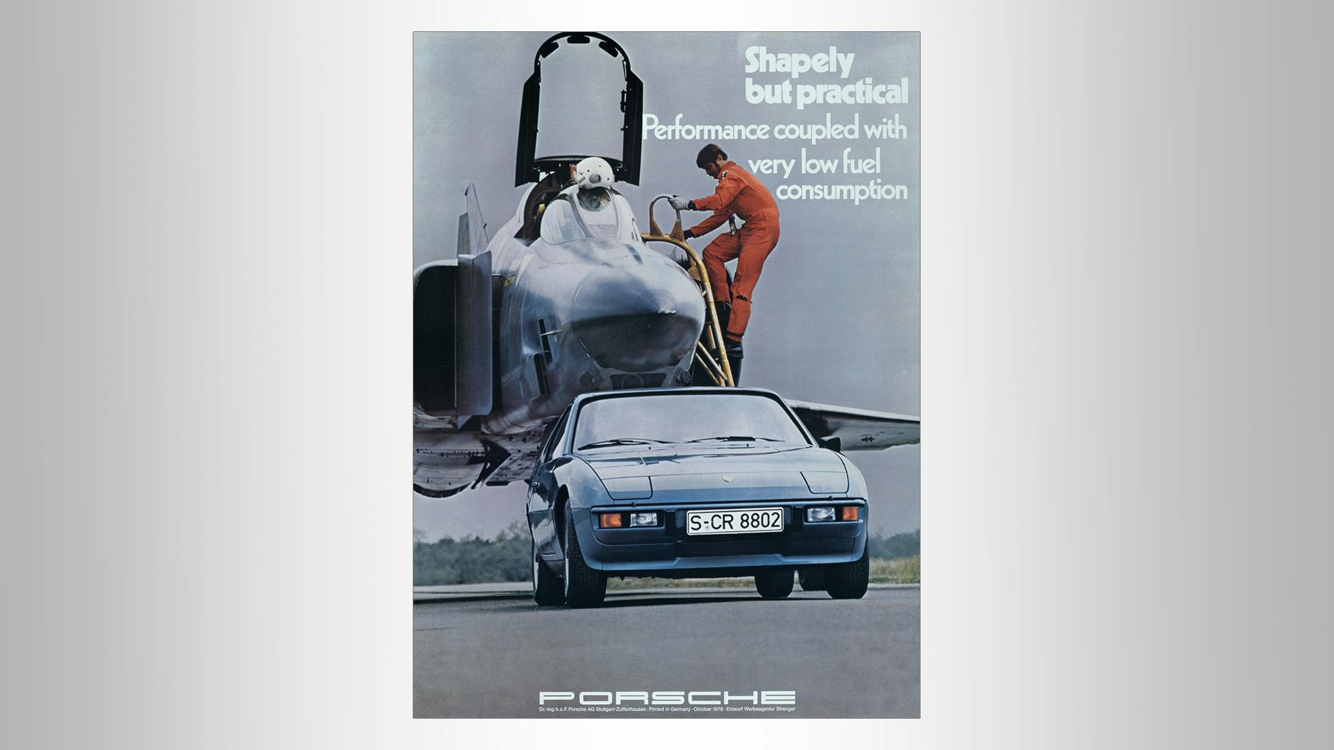 Advertising poster with a Porsche on an landing strip and the writing shapely but practical.