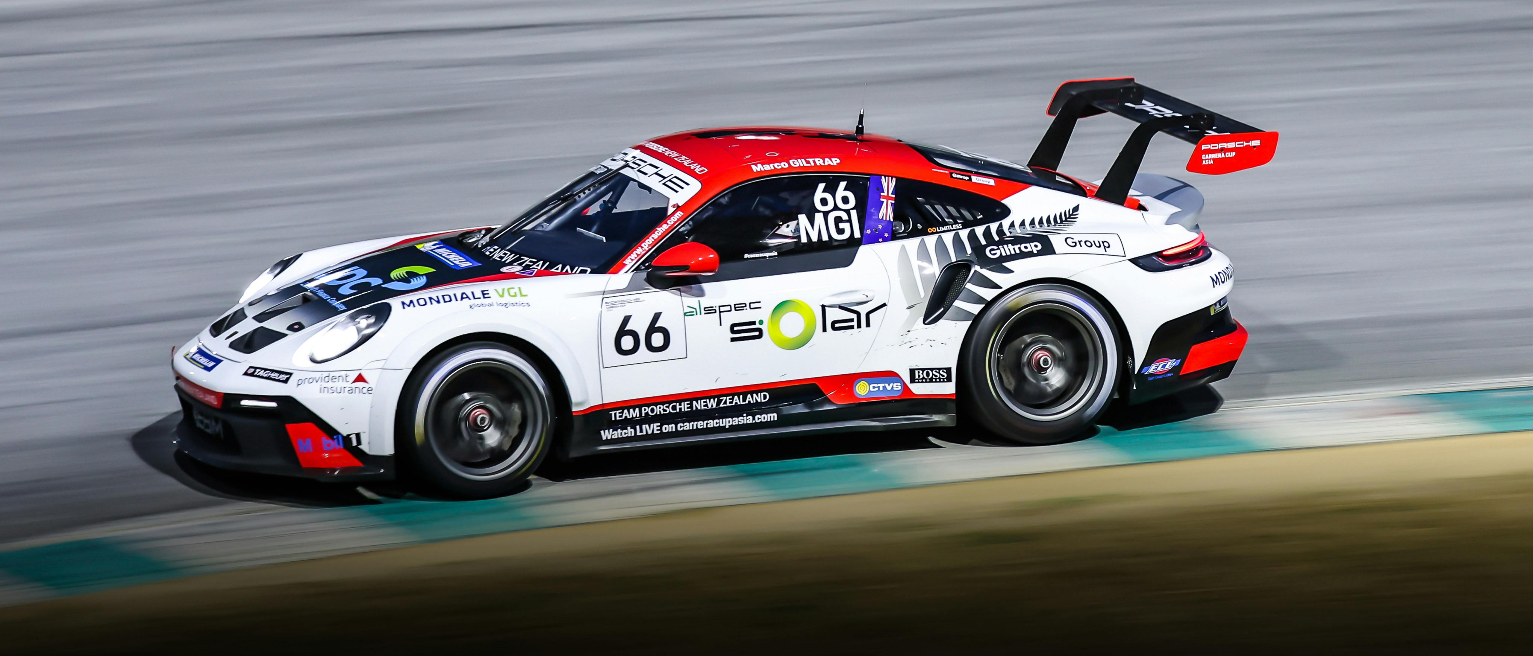 Team Porsche New Zealand race car in action, highlighting the exciting opportunity offered through the Porsche NZ Scholarship Program.