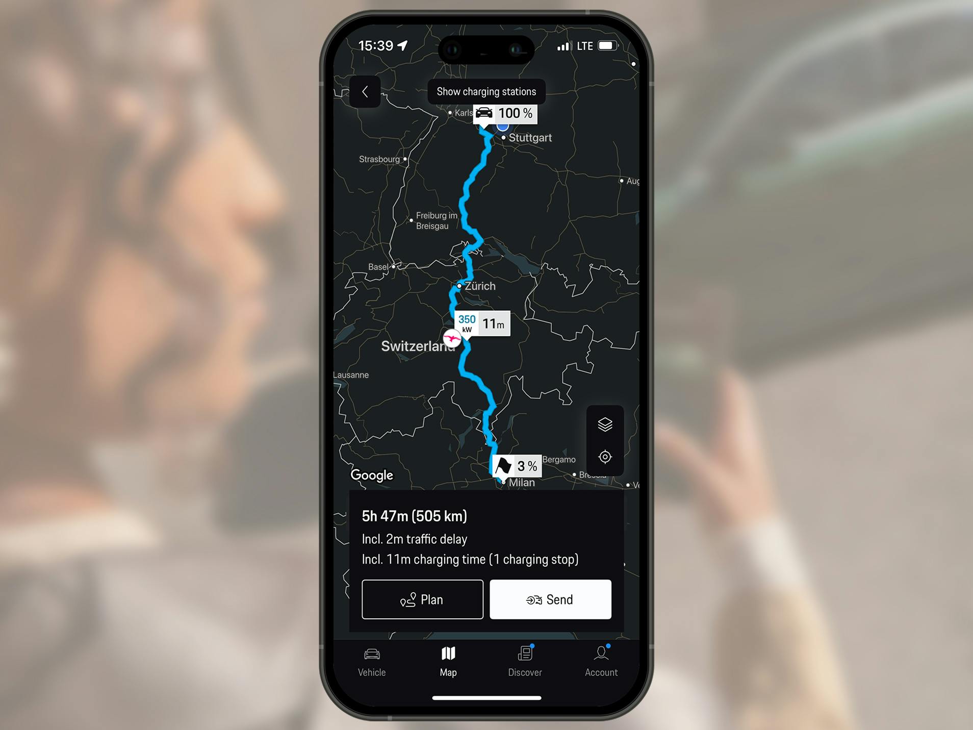 Smartphone screen showing route planning with the My Porsche App.