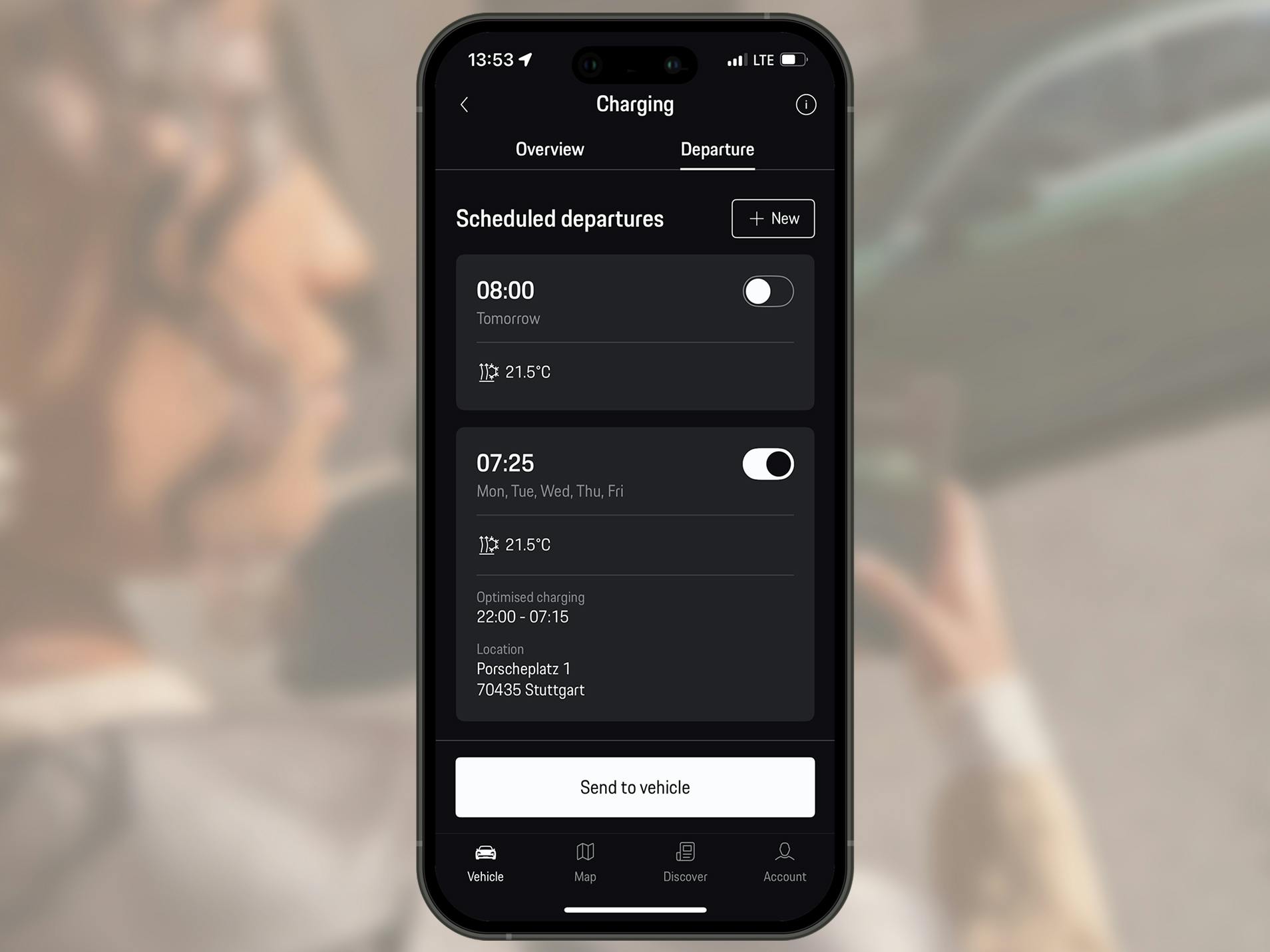 Smartphone screen showing the charge timer display of the My Porsche App.