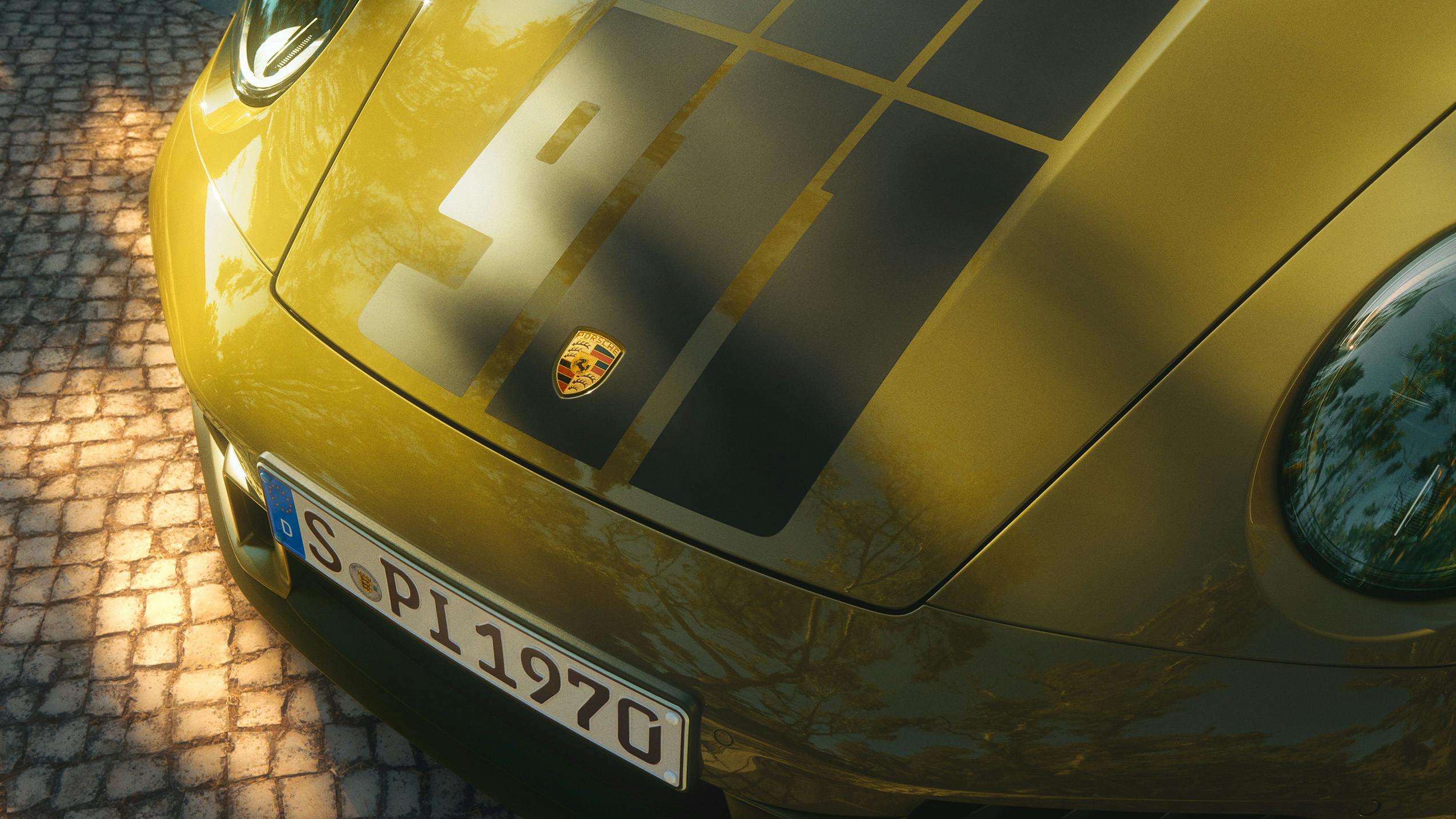 Bonnet of the 911 Spirit 70 in Olive Neo with black decorative graphics.