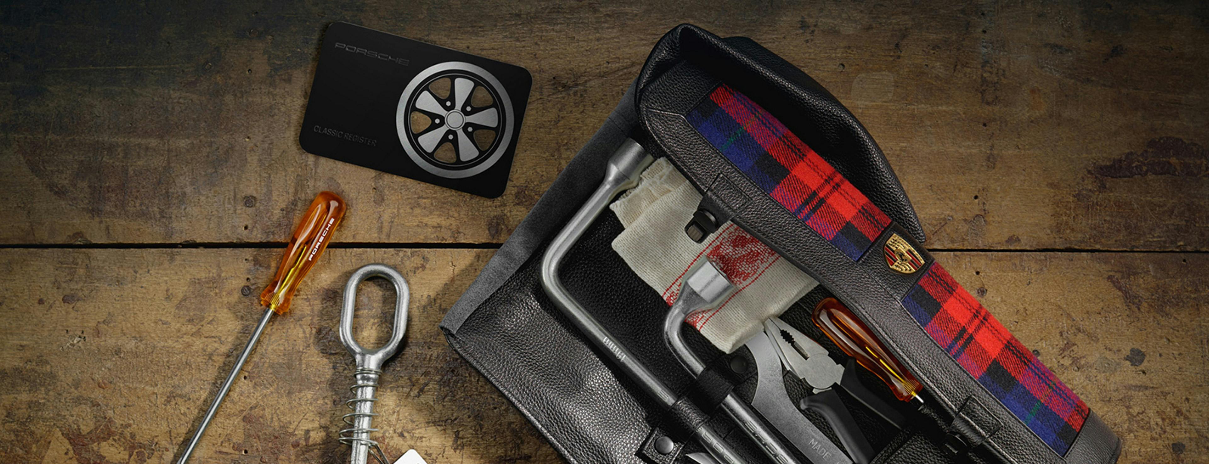 Porsche Classic tool bag lying on the floor.