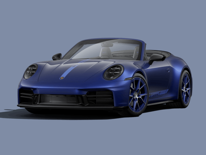 Front view of the Porsche 911 Carrera T Cabriolet in Gentian Blue Metallic.