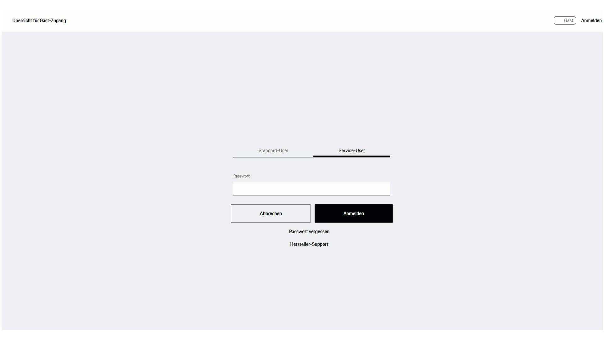 Nutzer- und Passworteingabe für die Anmeldung der Web-Applikation der Porsche Wallbox.