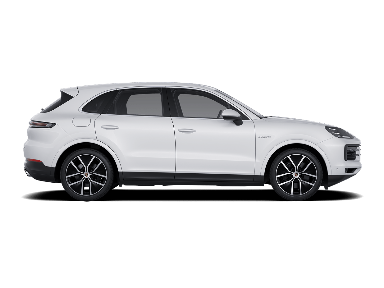 Side view/profile of the Porsche Cayenne E-Hybrid in Carrara White Metallic.