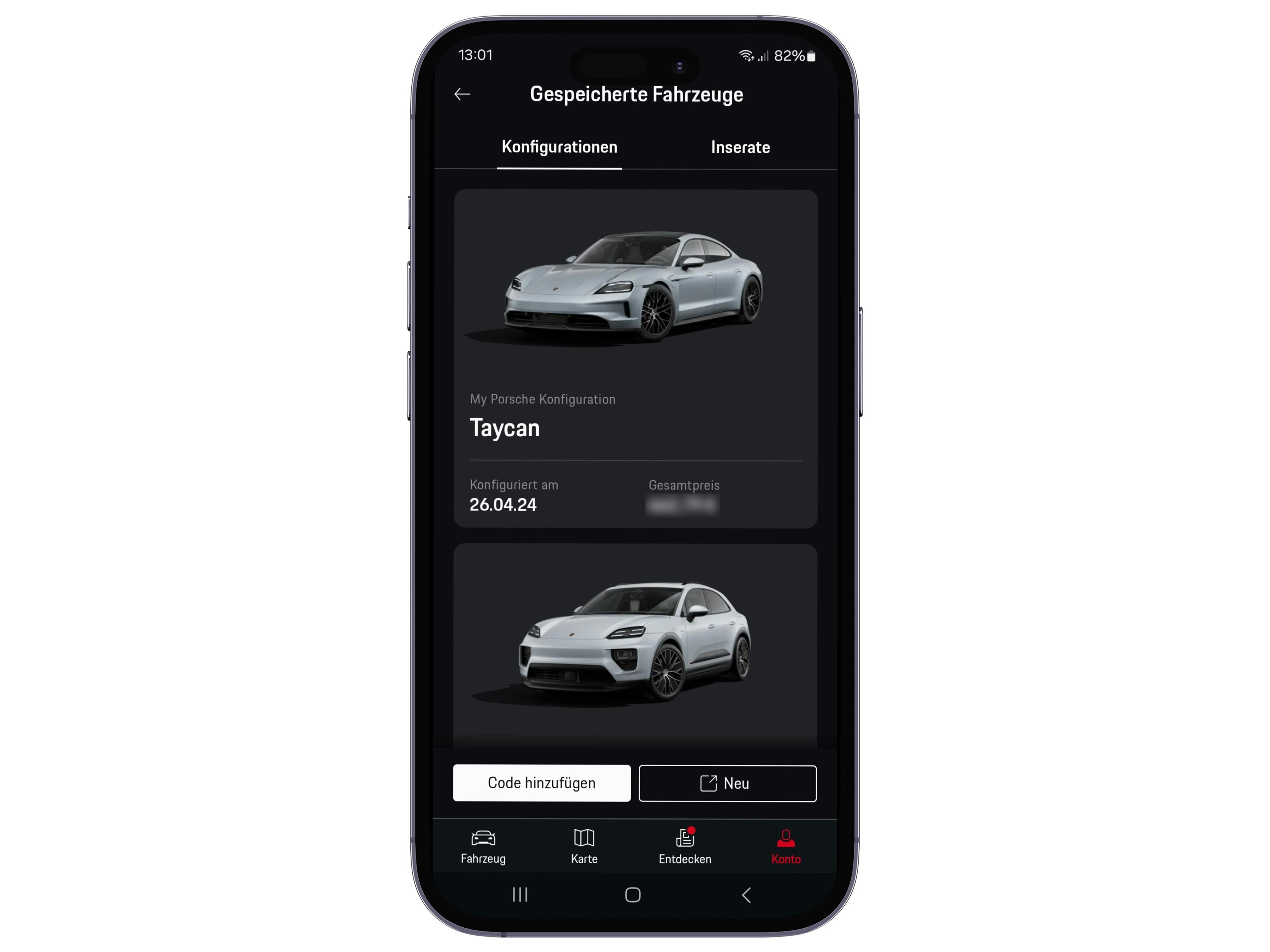 Les fonctions de l'application My Porsche sont présentées sur un écran de l'iPhone.