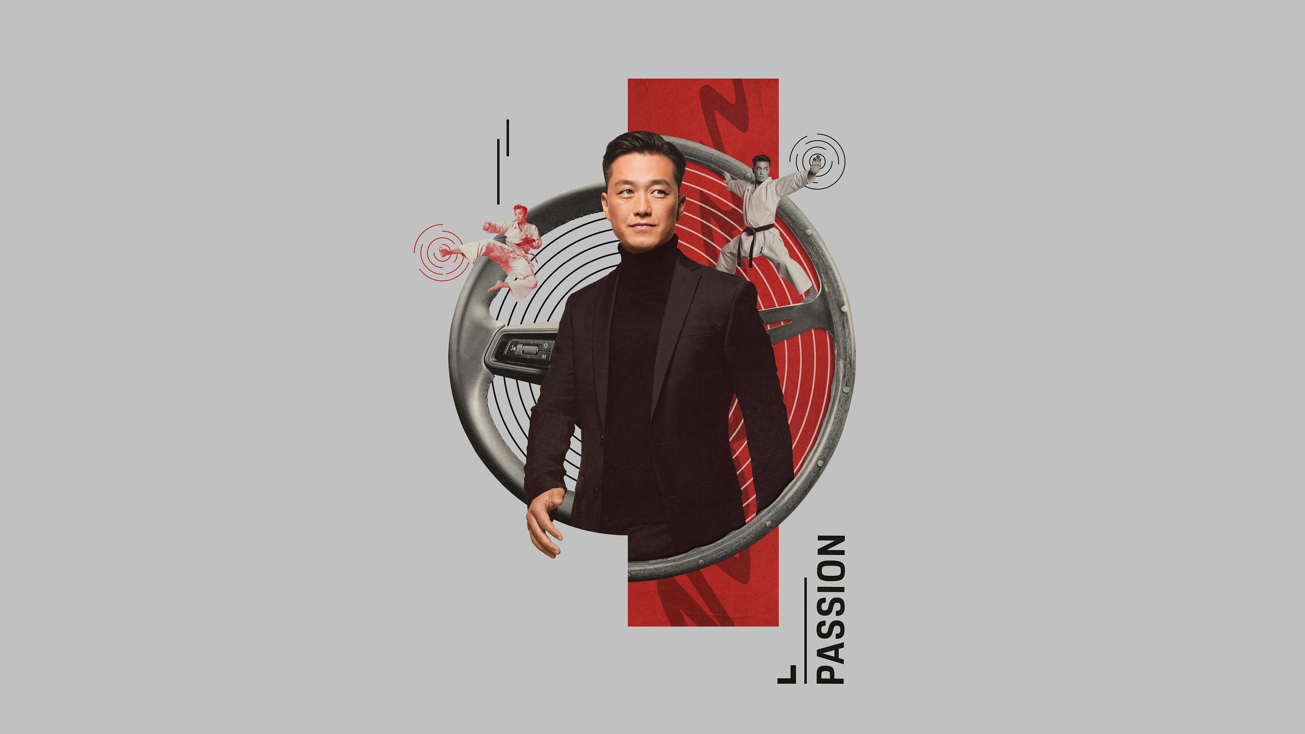 Eine Collage, die Porsche Dreamer Ken mit Fahrzeugelementen und seiner persönlichen Leidenschaft dem Kampfsport zeigt.