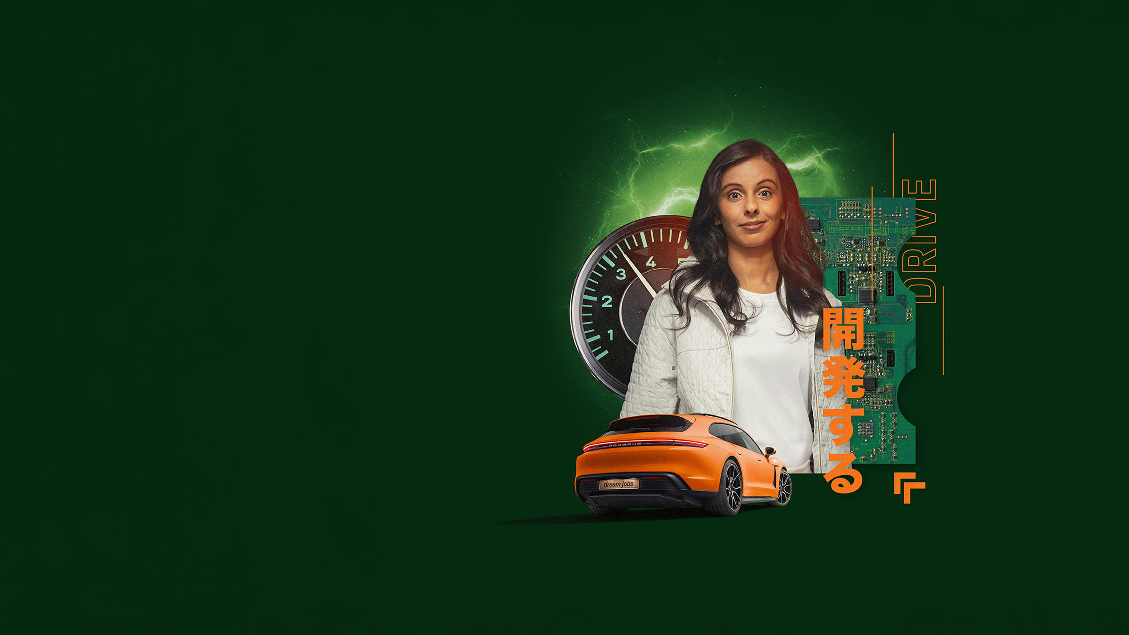 Digitale Collage mit einer zentral stehenden Person vor einem grünen Hintergrund, kombiniert mit Leiterplatte, Tachometer und einem orangefarbenen Porsche Sportwagen. Das Motiv verbindet Technologie, Geschwindigkeit und Innovation und visualisiert Entwicklung und Engineering bei Porsche.​