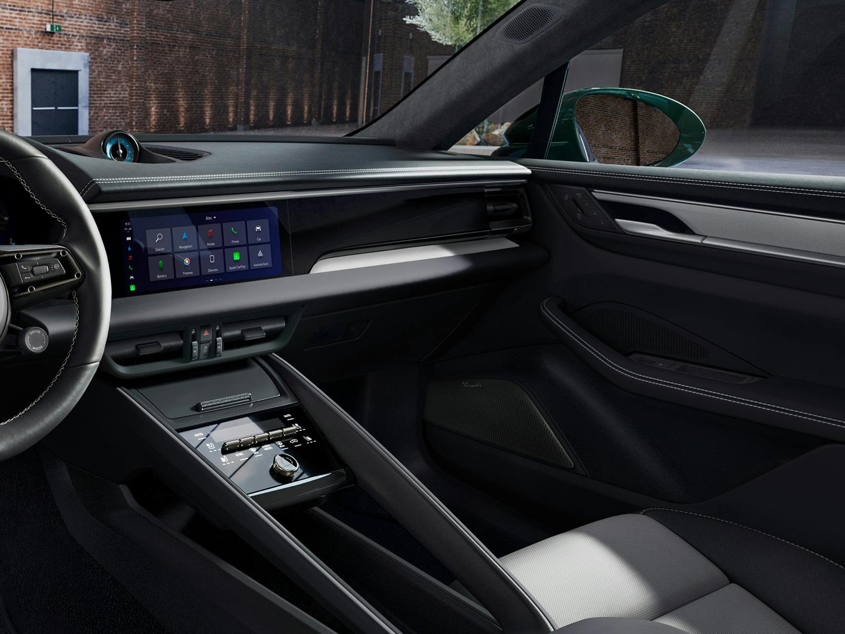 Vue sur le cockpit avec inserts décoratifs en cuir du Macan Turbo Porsche Exclusive Manufaktur.