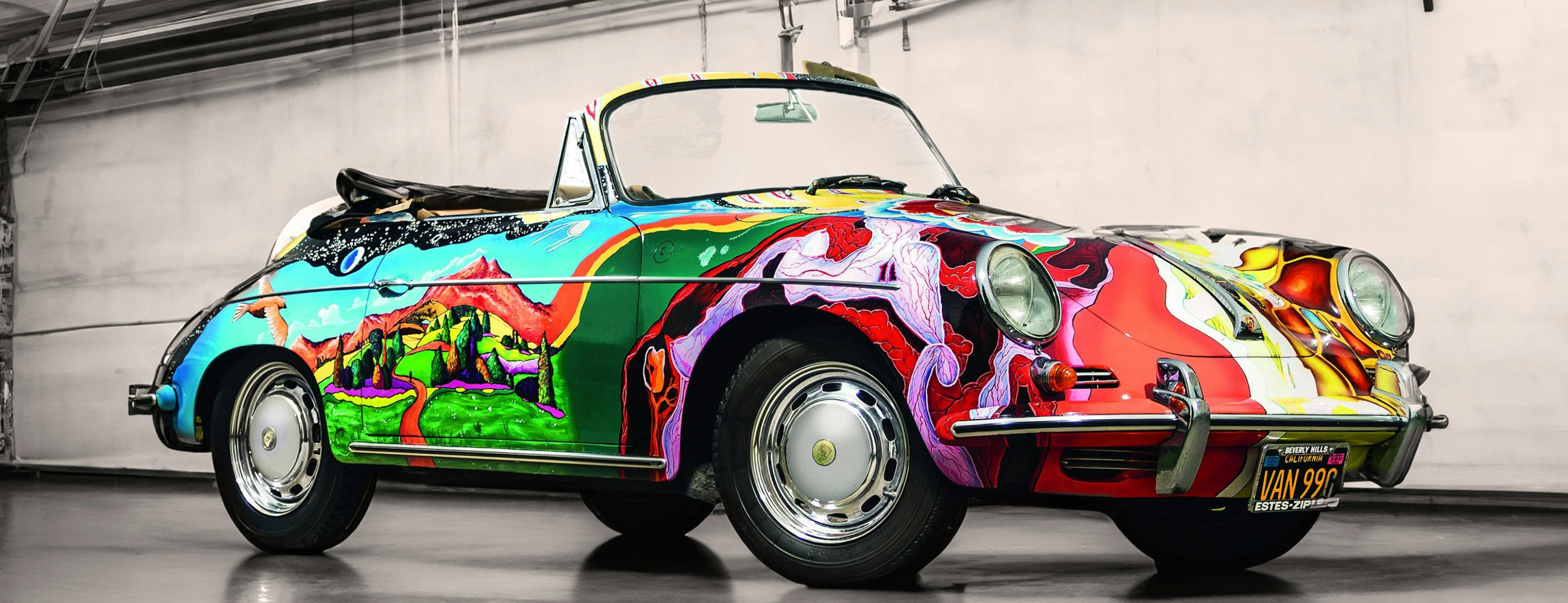 Ferry Porsche in a factory back in 1948, the colourful 1964 Porsche 356 SC and Daniel Arsham's 356 stripped of all paint.