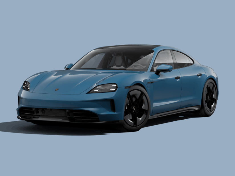 Taycan 4S in Neptune Blue. Front view of the front and side.