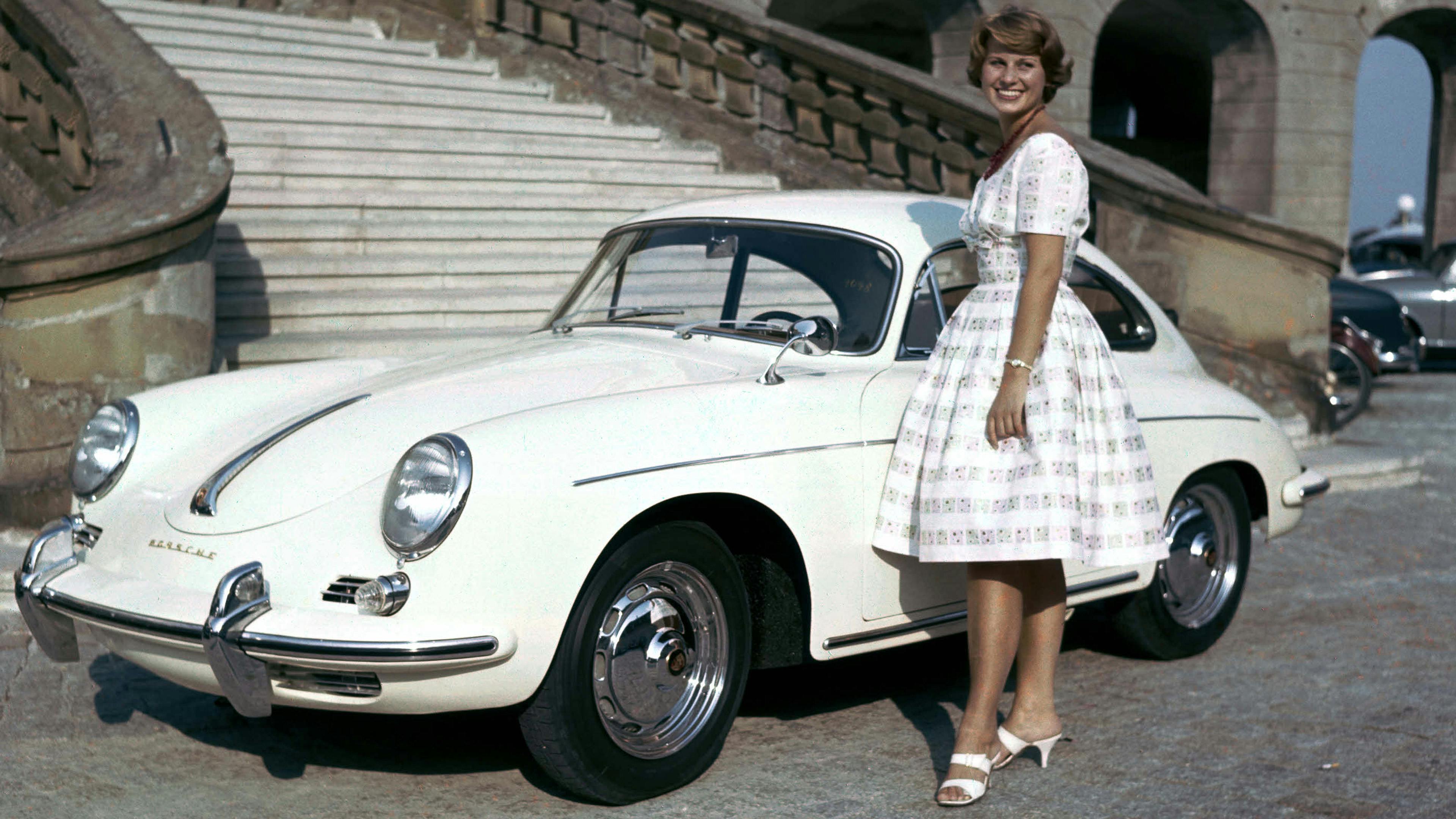 White Porsche 356 B 1600 Super 90, woman in petticoat