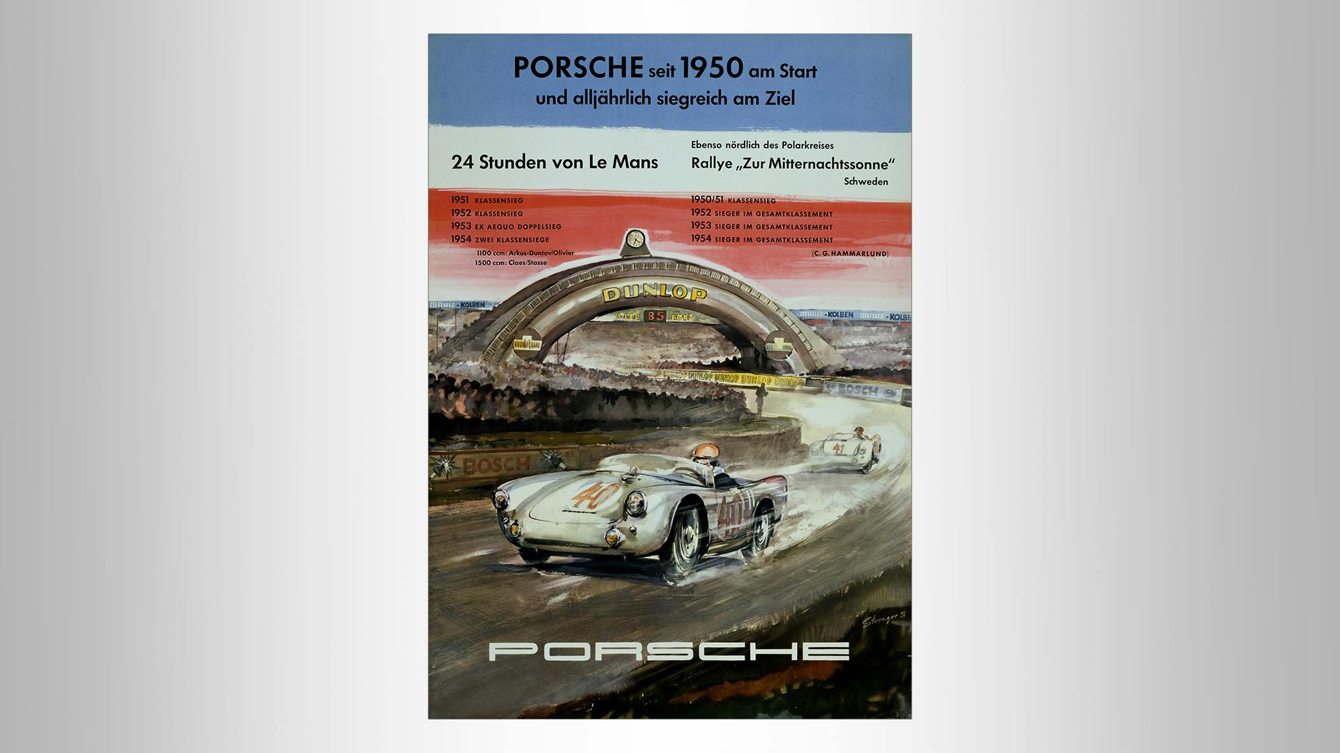 Porsche Victory poster  with a drawing of the Le Mans & Rally Zur Mitternachtssonne. The winners are listed with black letters.