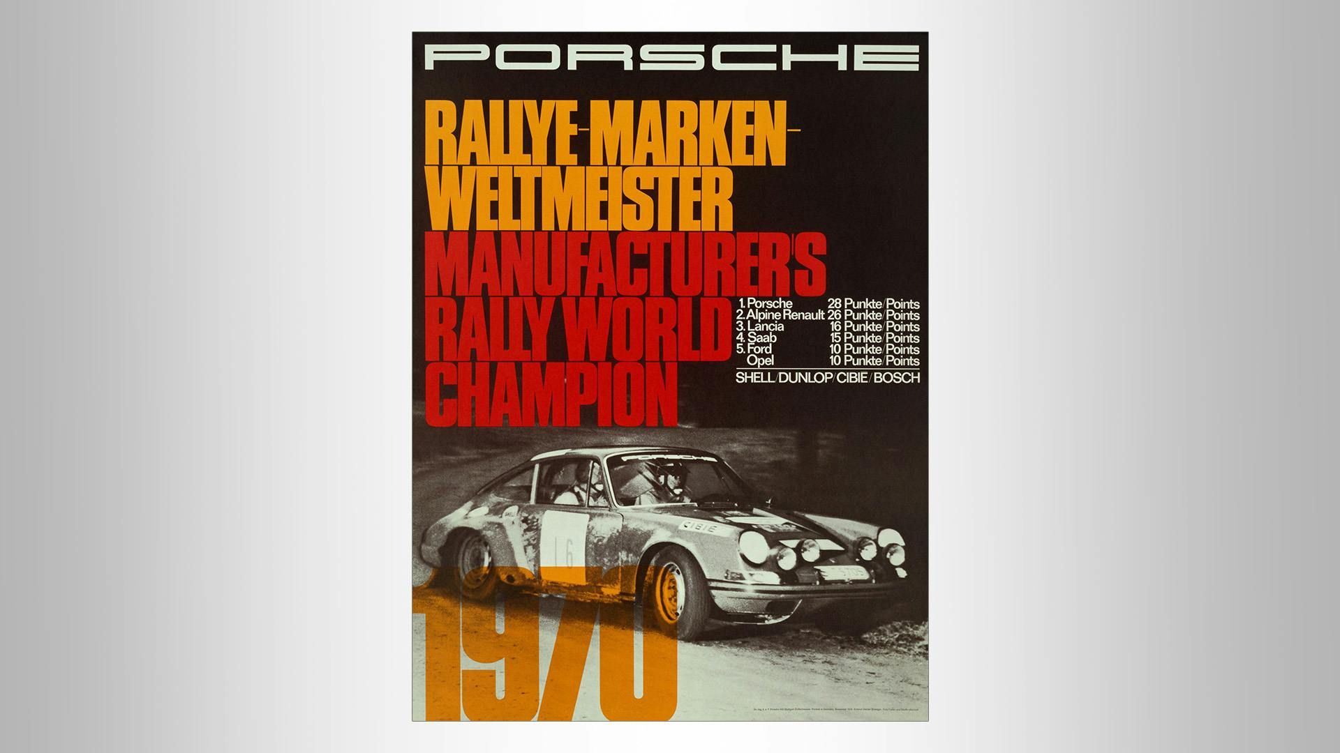 Porsche racing poster in orange-red lettering: Rally Brand World Champion, Manufactures Rally World Champion 1970.