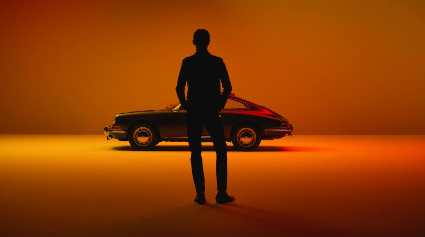 Silhouette d’un homme regardant une voiture Porsche classique dans un environnement éclairé d'une lumière orange chaleureuse.