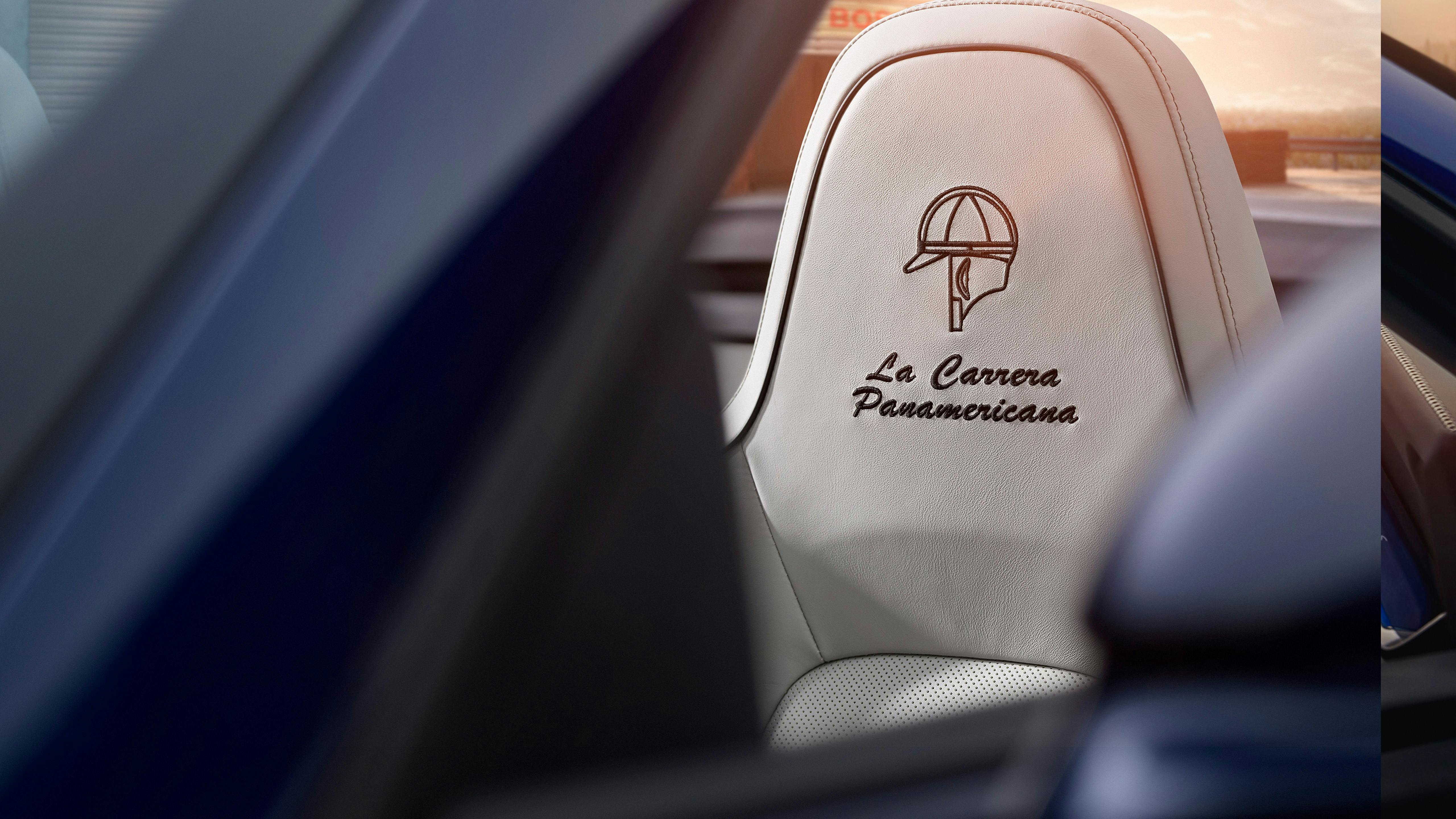Seat headrest with logo and name of La Carrera Panamericana.