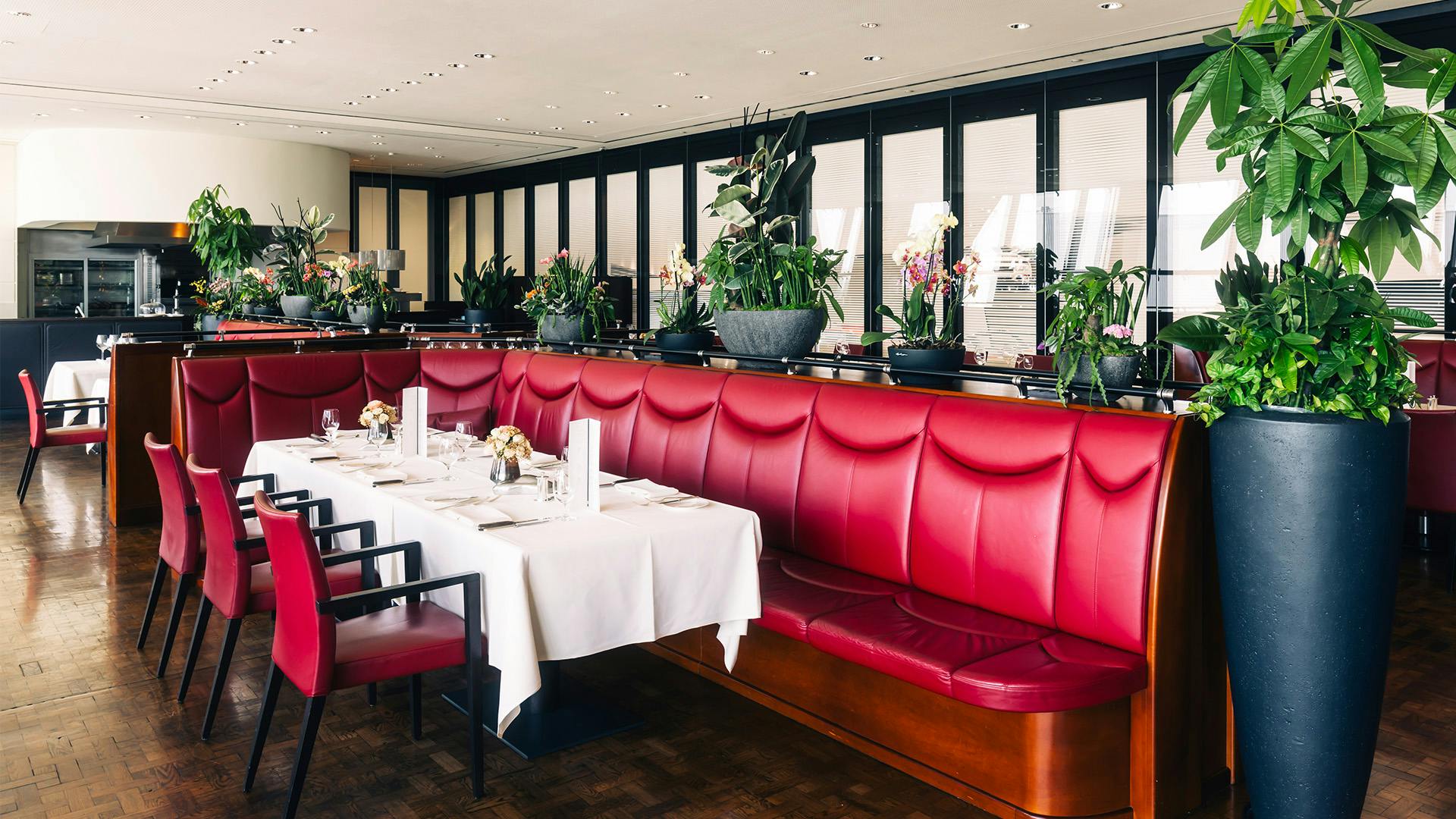 Innenraum des Restaurantbereichs mit roten Polsterbänken, gedeckten Tischen und großen Pflanzen.
