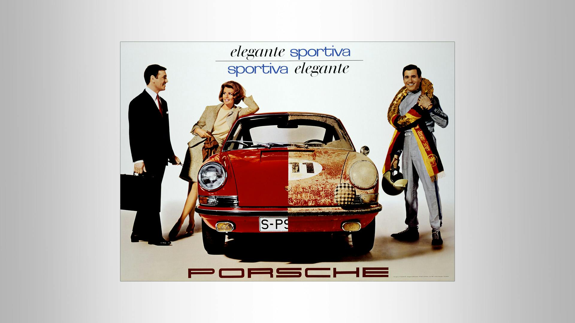 Vintage Porsche advertising poster: Photo of a elegant clean Porsche and a dirty sportive Version with the writing -elegante sportiva-.