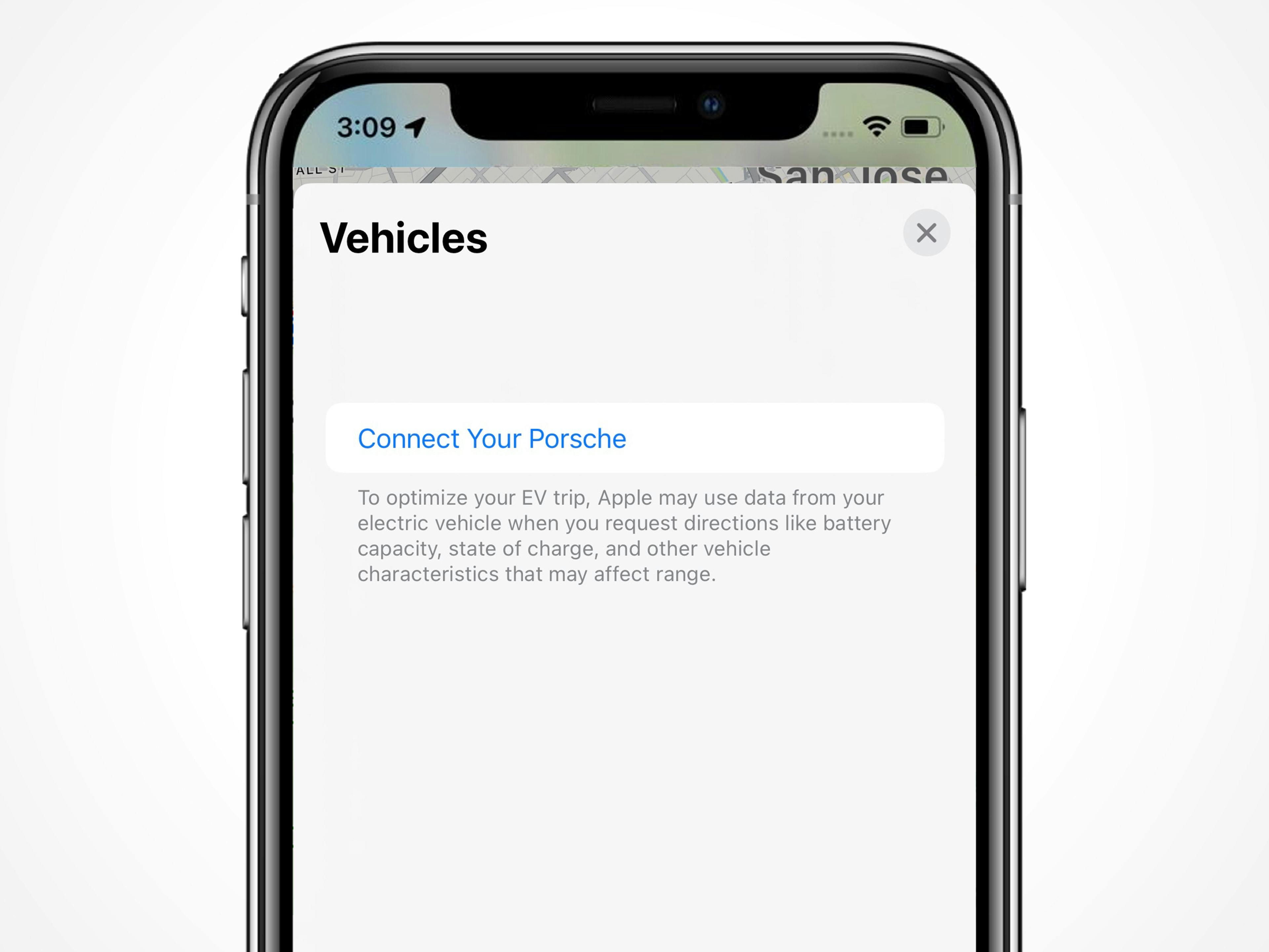 The top half of a phone displaying the Apple Maps vehicles interface.