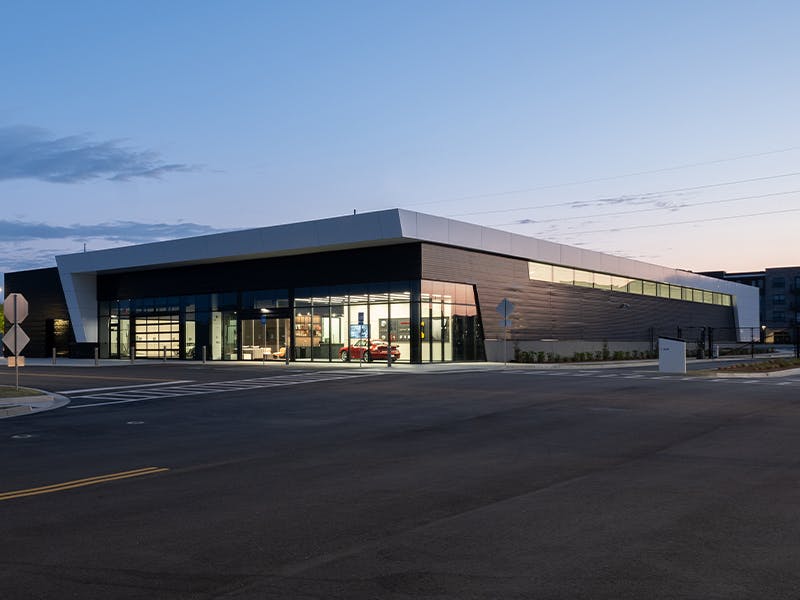 Exterior view of the Porsche factory restoration in Atlanta.
