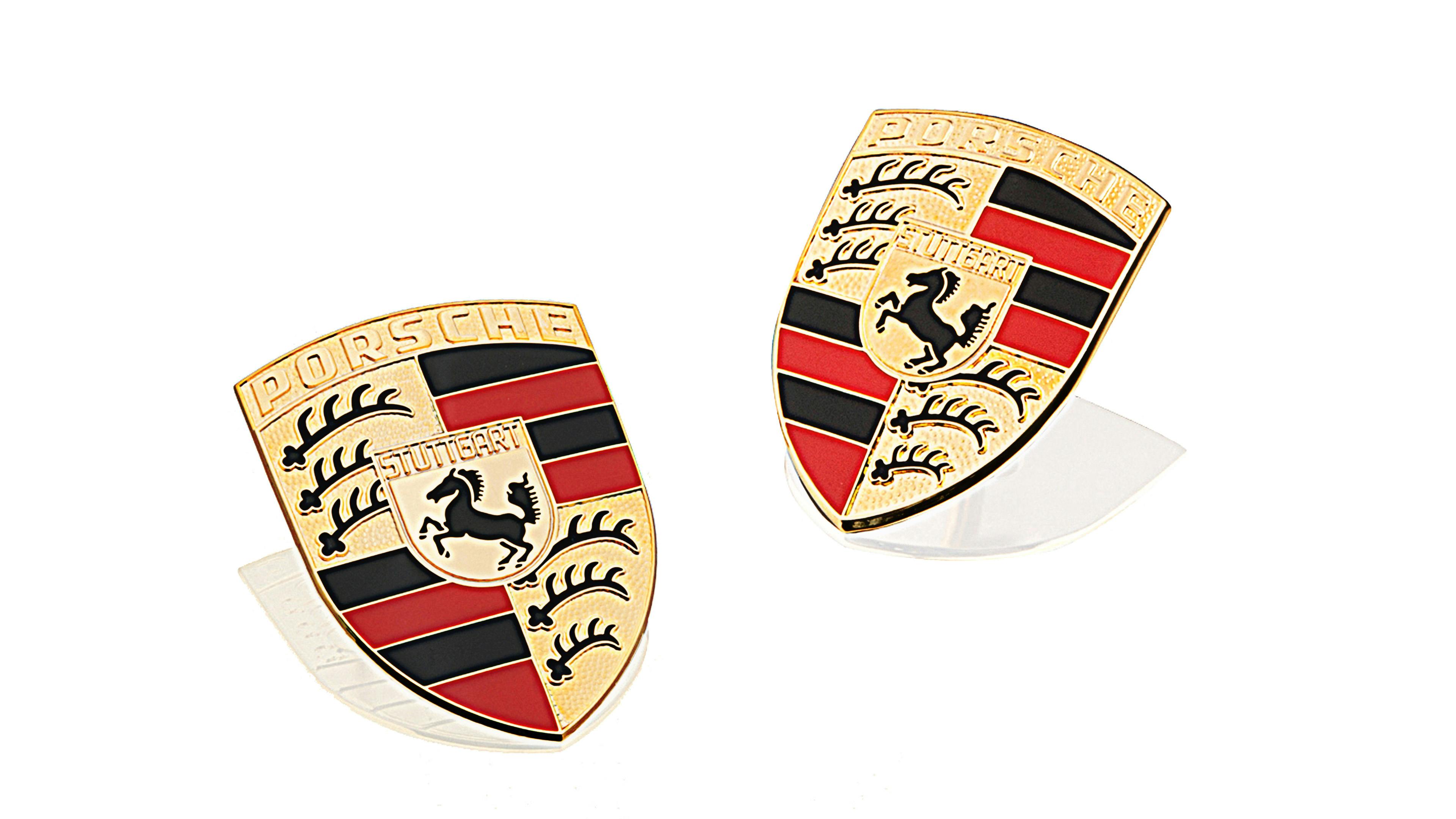 Two Porsche Crests, Stuttgart, horse with tail, Gold