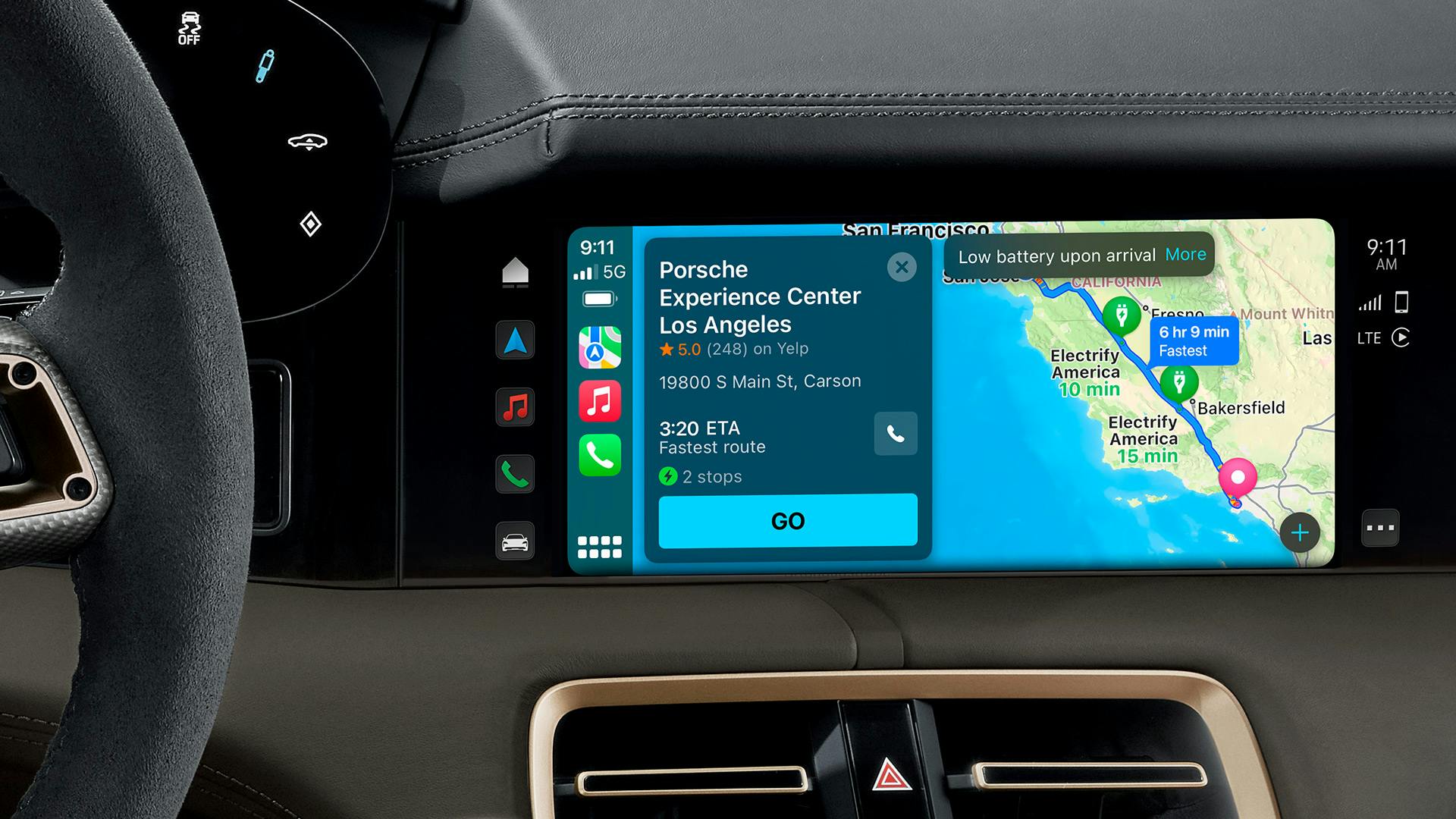 A Porsche infotainment display showing the route to the Porsche Experience Center in Los Angeles.