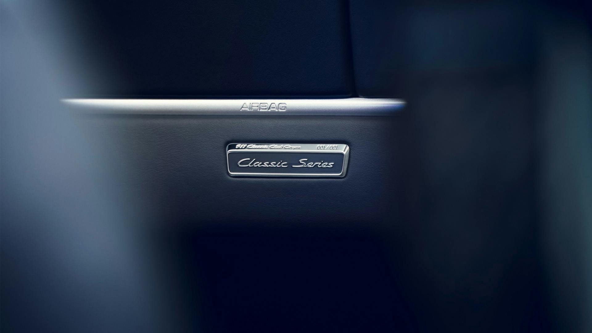 Three photos: Porsche 911 Classic Club Coupe, front view and side view / Detail: Classic Series plaque