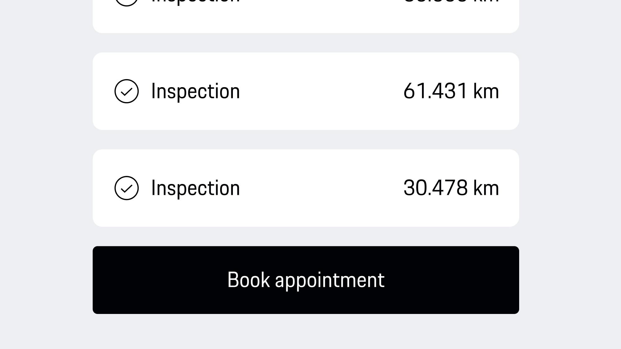 App view showing inspection list with mileage details and black ‘Book appointment’ button for scheduling service.