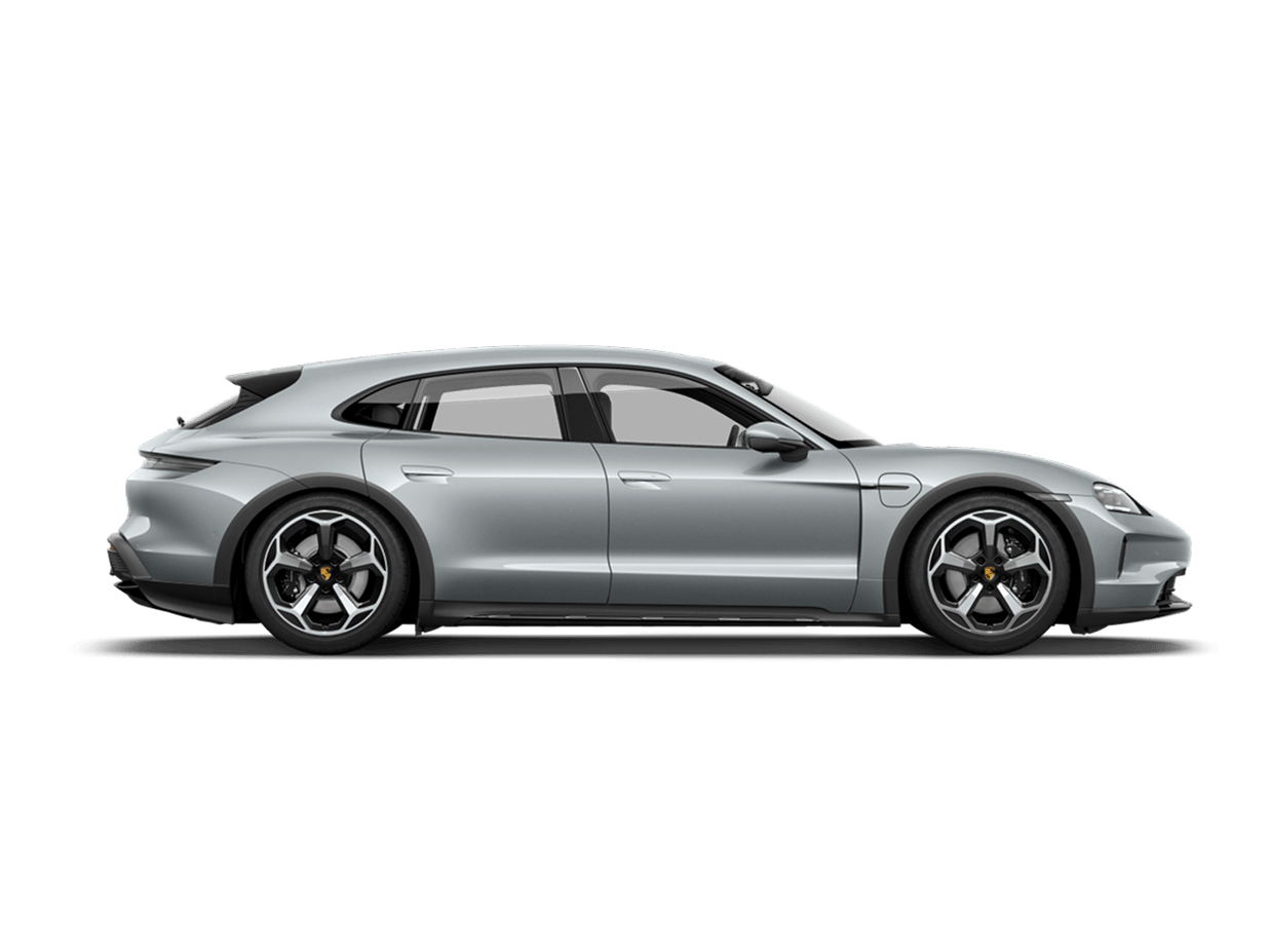 Side view/profile of a Porsche Taycan 4 Cross Turismo in Dolomite Silver Metallic.