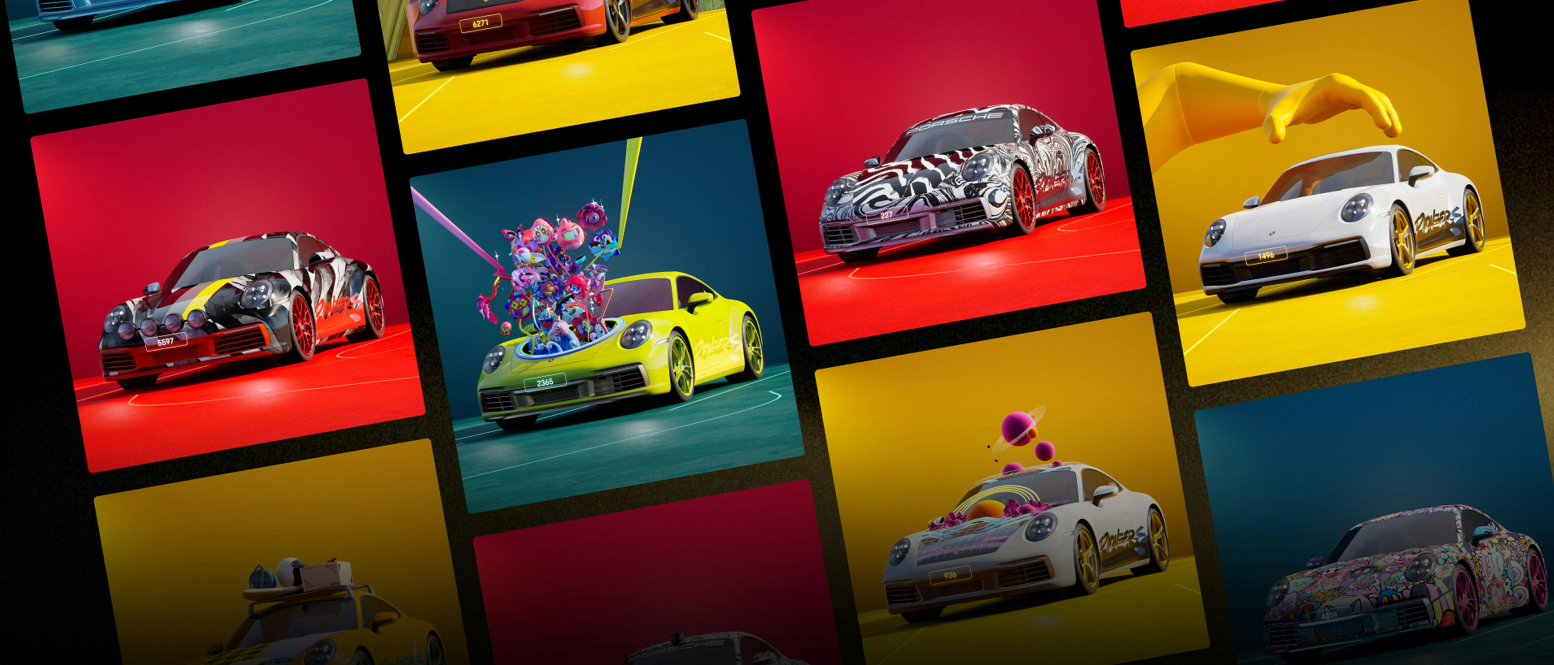 A composite of computer animated Porsches.