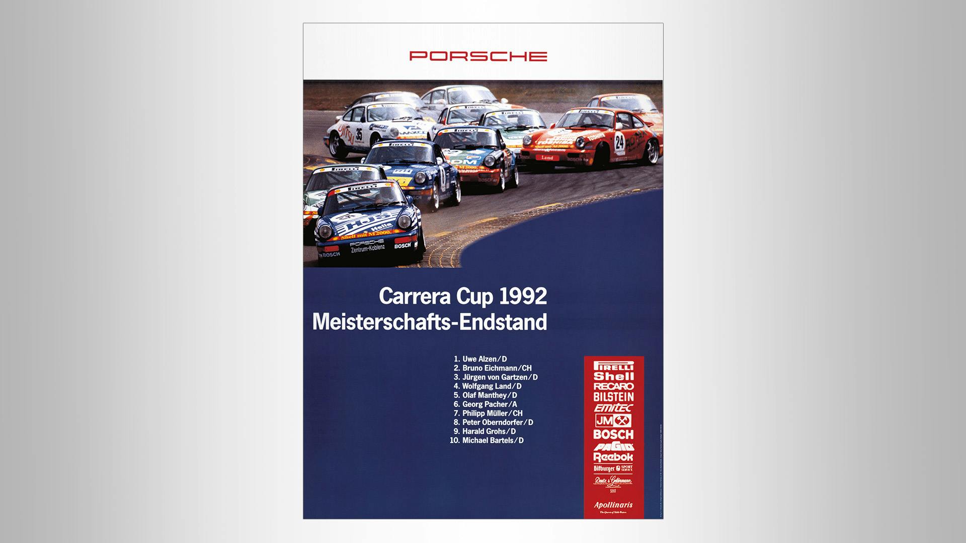 Carrea Cup 1992 race poster: Picture of the Carerra Cup Race on blue background with the names of all the winners.