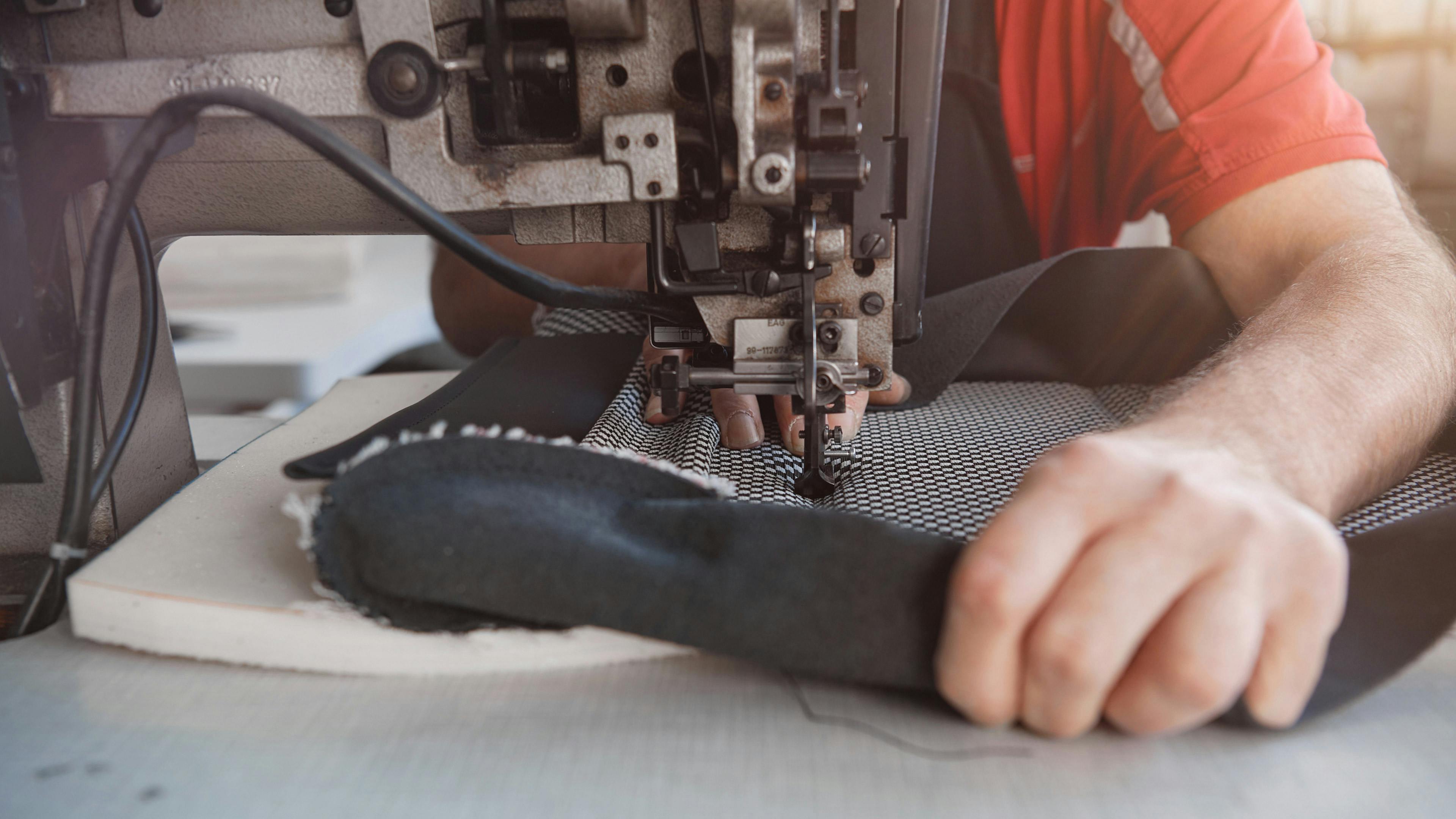 Sewing machine, fabric with check pattern in Black and Cool Grey