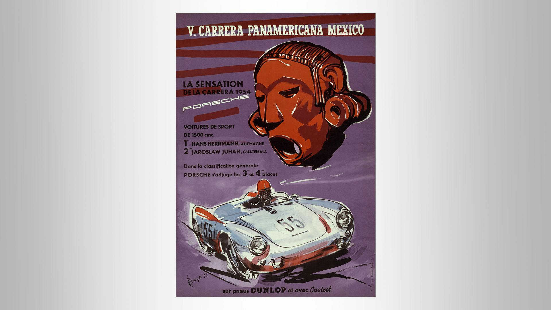 Porsche race poster in painted style with red head and silver Porsche Cabriolet number 55: Fifth Carrera Panamericana Mexico 1954.