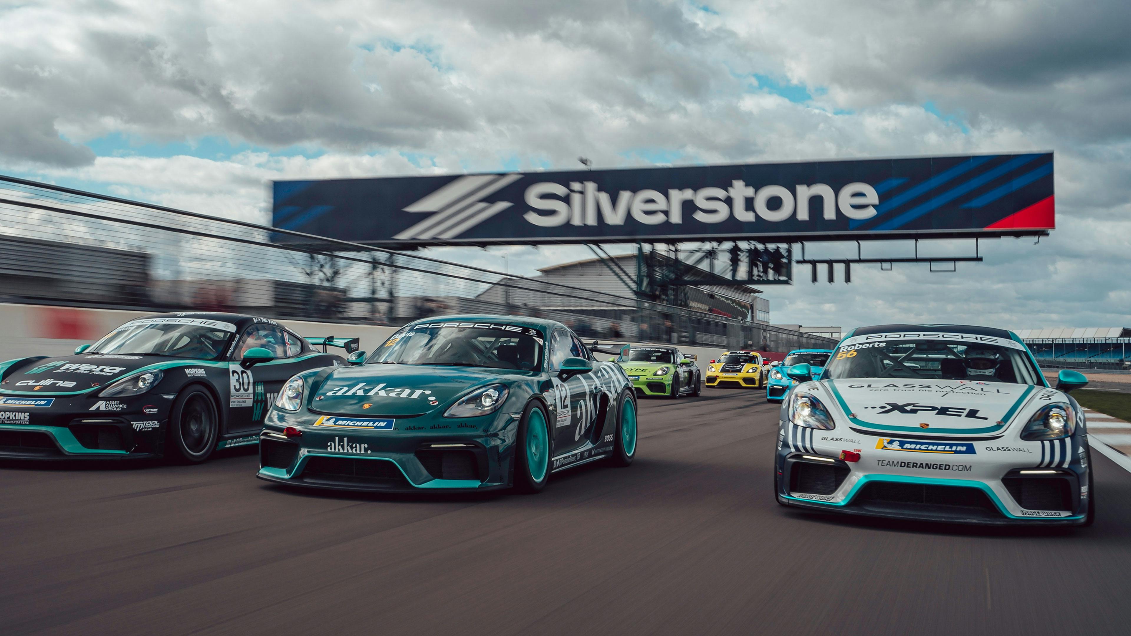 Three Porsche Sprint Challenge GB cars at Silverstone Championship Launch Day 2023