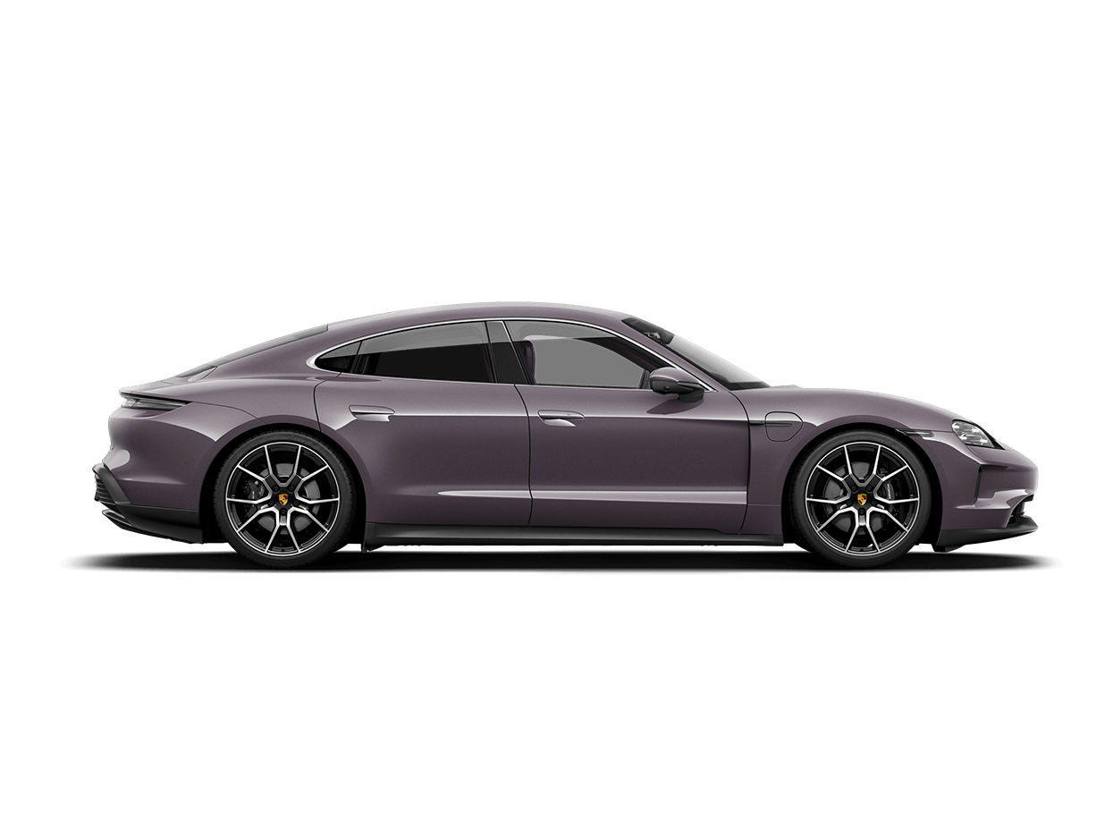 Side view/profile of a Porsche Taycan in Shade Green Metallic.