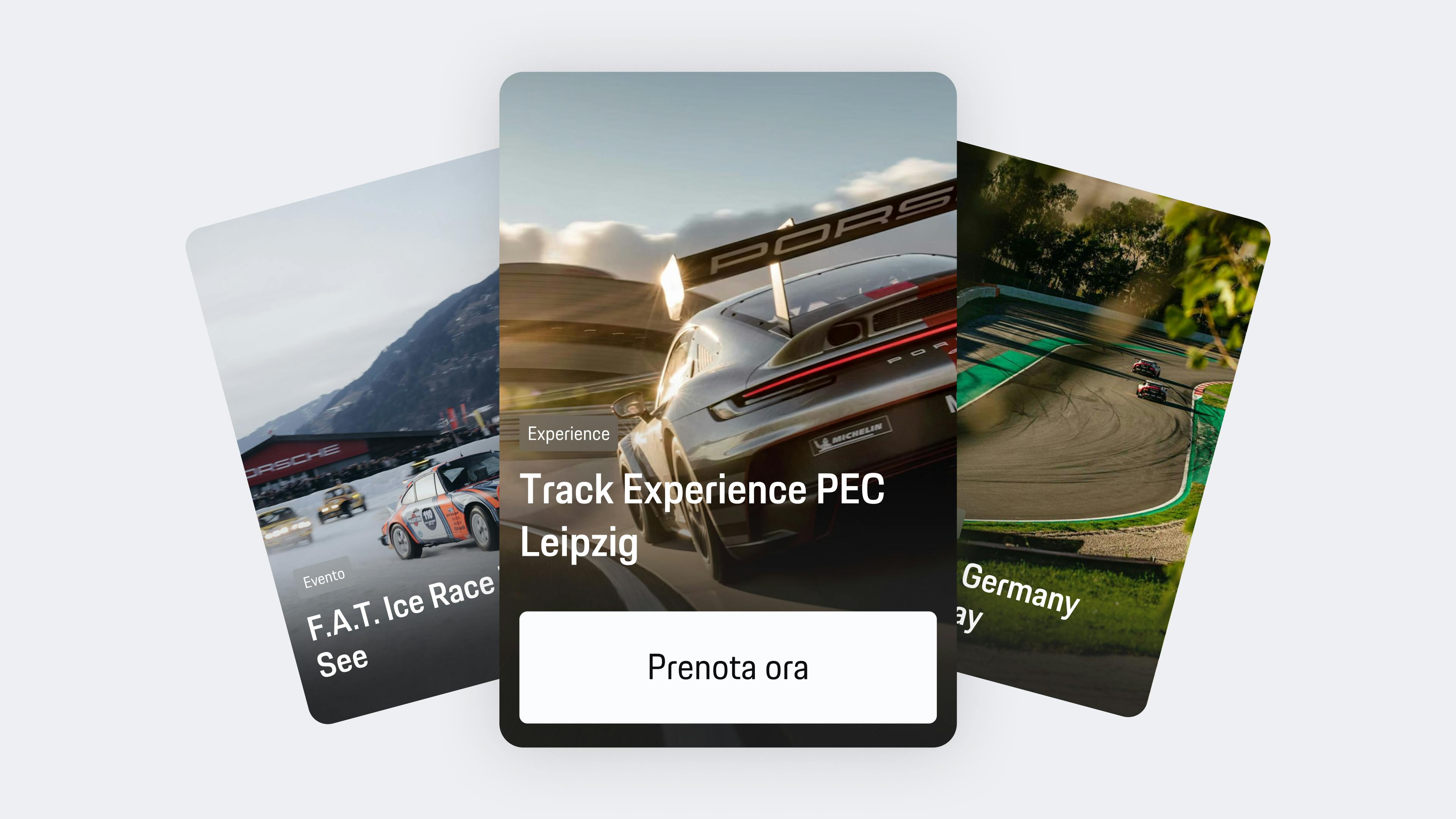 Vista dell'app che mostra tre offerte Porsche Experience: Track Experience Leipzig, Ice Race e Driving Day, compreso il pulsante “Prenota ora”.