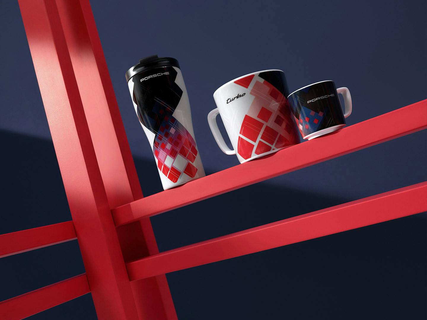Red, white and black coloured Porsche mugs on a red shelf.