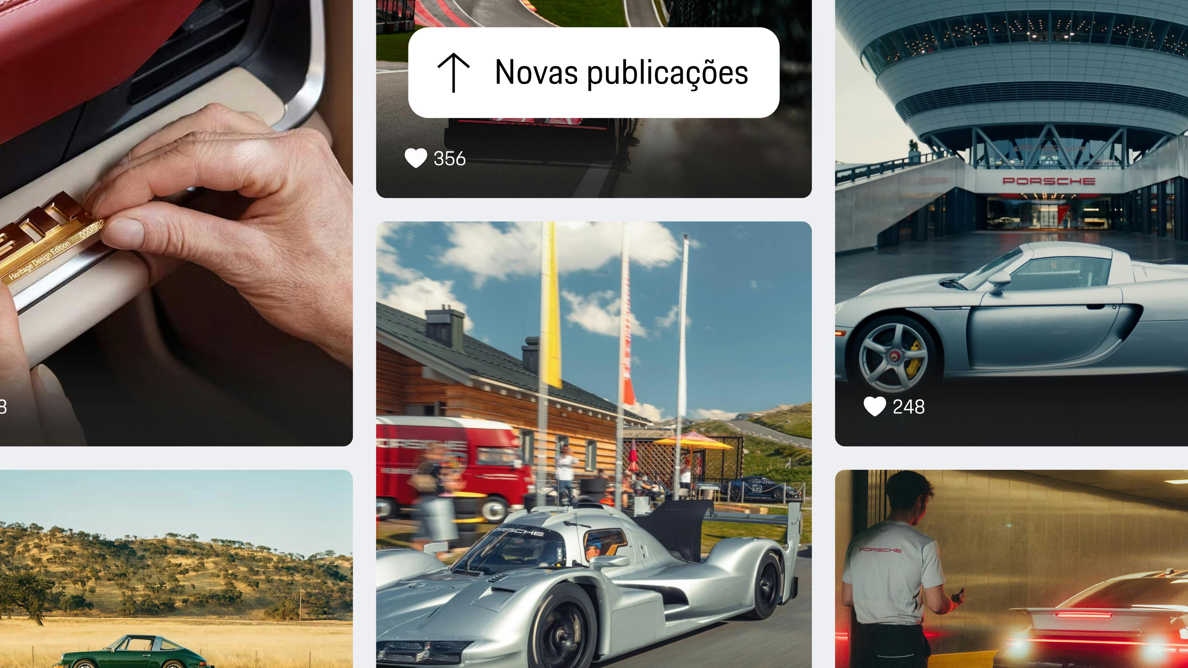 Visão da aplicação mostrando o feed Discover Porsche com novas publicações: automobilismo, eventos, modelos clássicos e cenas de oficina em layout de grelha