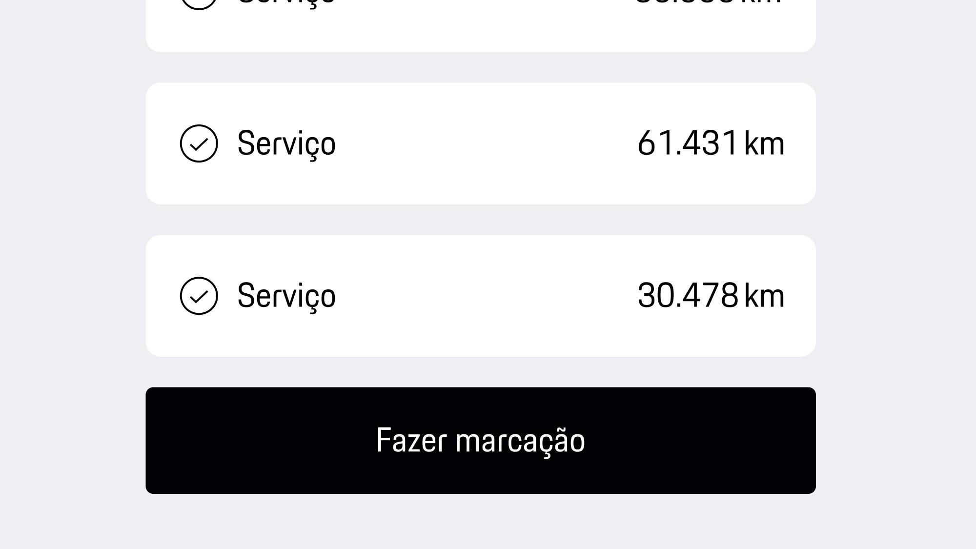 Visualização da aplicação mostrando a lista de inspeção com detalhes da quilometragem e o botão preto «Marcar consulta» para agendar o serviço.