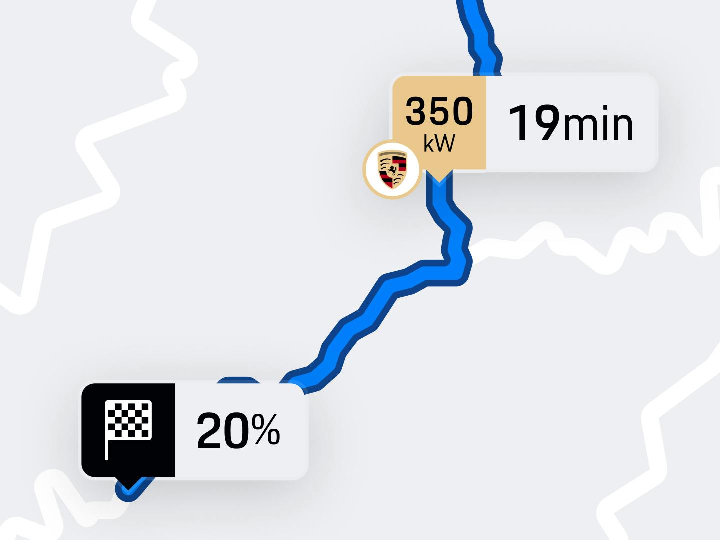 Vista dell'app che mostra la mappa con il percorso, un avviso di sosta per la ricarica Porsche e un indicatore di destinazione che mostra la batteria rimanente.