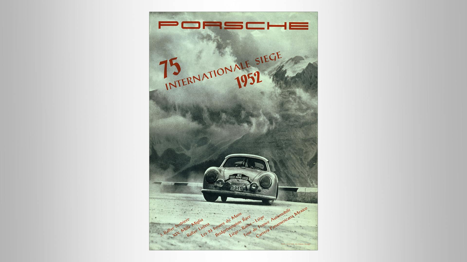 Porsche Vicotry poster 1952: Black/white photo of a Porsche racecar in front of the mountains with red writing.