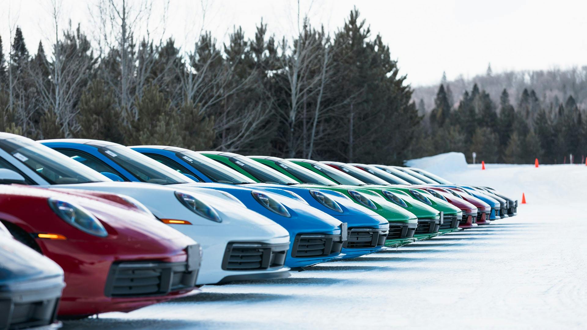 Plusieurs Porsche 911 de différentes couleurs alignées côte à côte dans la neige.