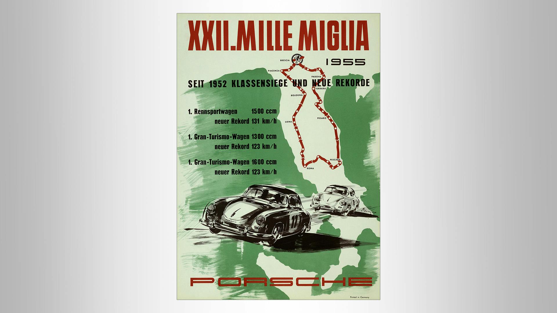 Porsche racing poster in red and green painted style with two Porsche race cars: 22nd Mille Miglia 1955. Since 1952 class wins and new record.